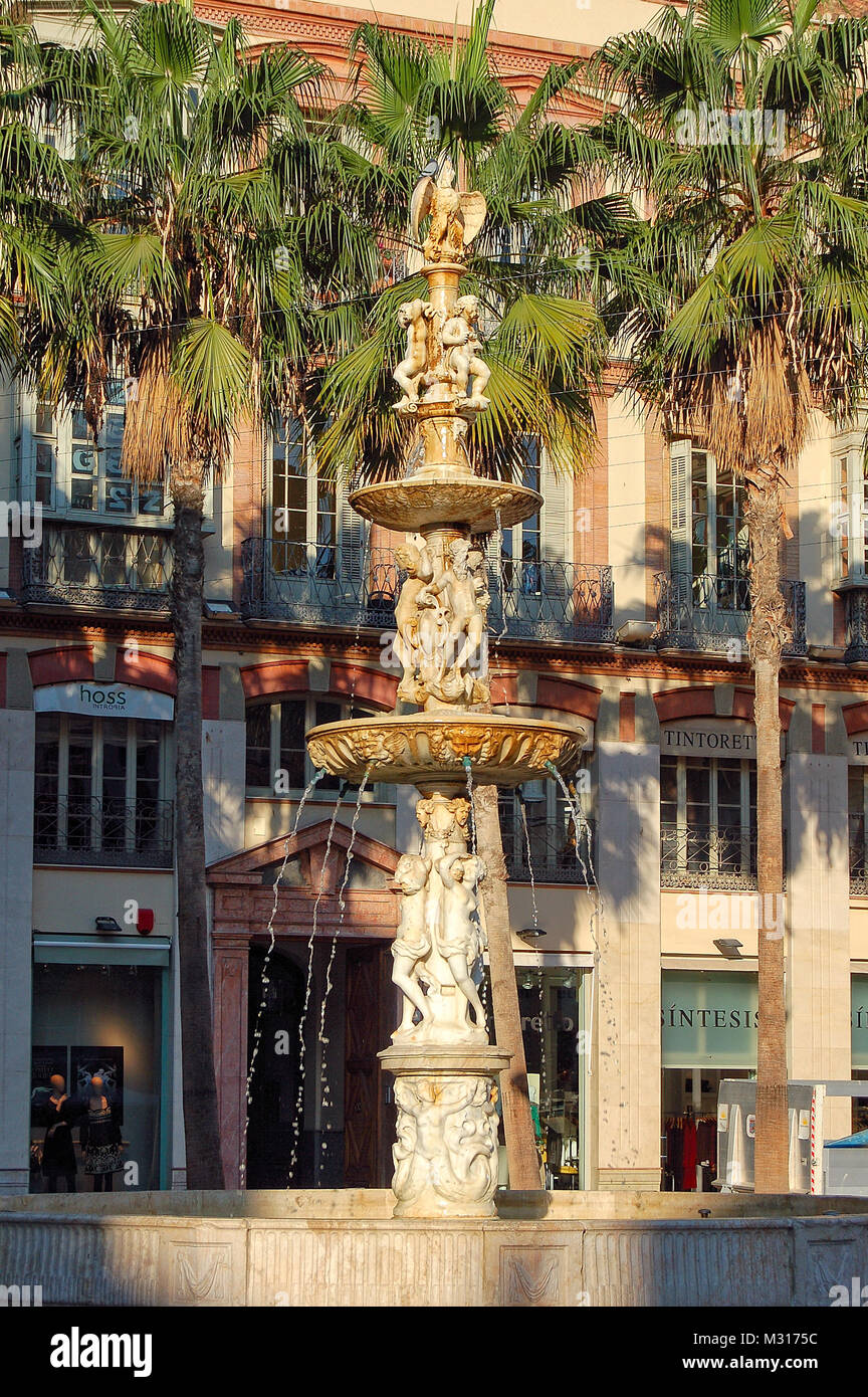 Beautiful Genoa Fountain (Fuente de Génova) on Constitution Square (Plaza de la Constitucion) - Malaga, Andalusia, Spain Stock Photo