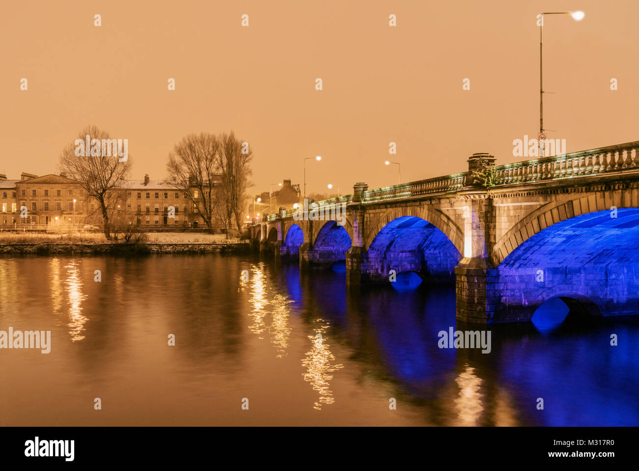 Glasgow Bridge with blue LED feature lighting in a deserted city centre