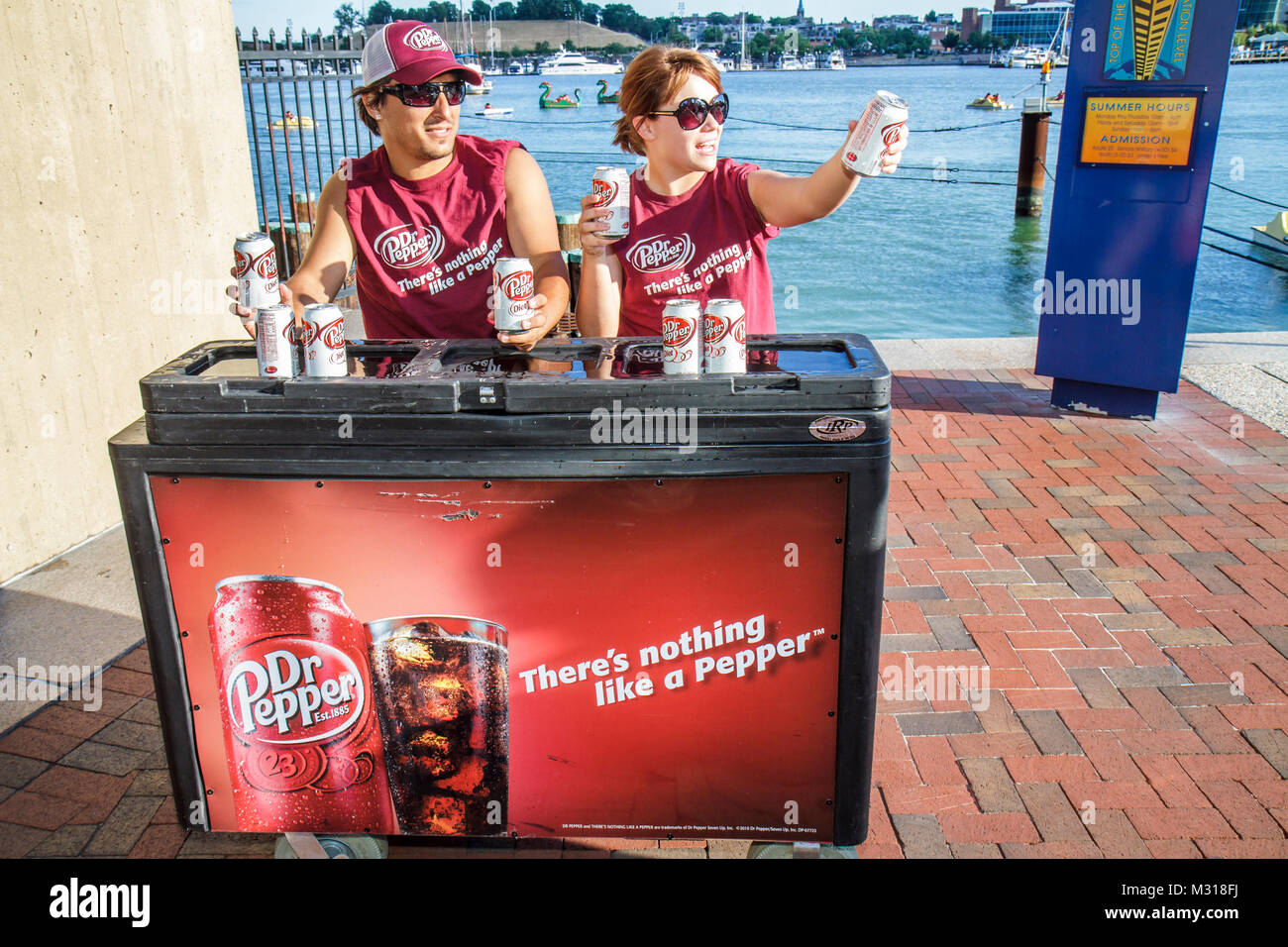 Baltimore Maryland,Inner Harbor,harbour,waterfront,Harborplace,festival marketplace,free sample samples,product,Dr. Pepper,product marketing,ad,advert Stock Photo
