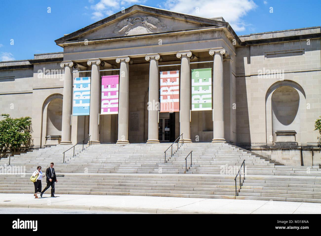 Baltimore Maryland,Wyman Park,Baltimore Museum of Art,Neoclassical architecture,banner,free admission,entrance,front,steps stairs staircase,column,ion Stock Photo