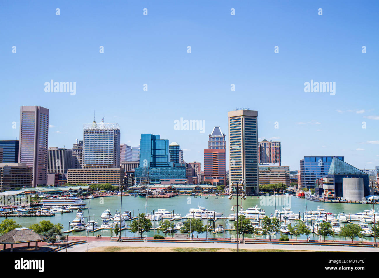Baltimore Maryland,Federal Hill Park,Inner Harbor,harbour,Patapsco River water,port,waterfront,skyline,office building,marina,boat,view,visitors trave Stock Photo