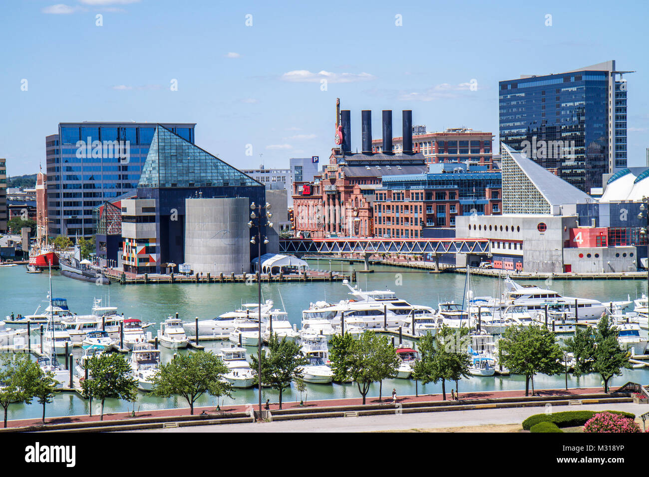 Baltimore Maryland,Federal Hill Park,Inner Harbor,harbour,Patapsco River,port,waterfront,skyline,aquarium,attraction,building,marina,boat,yacht,view,M Stock Photo