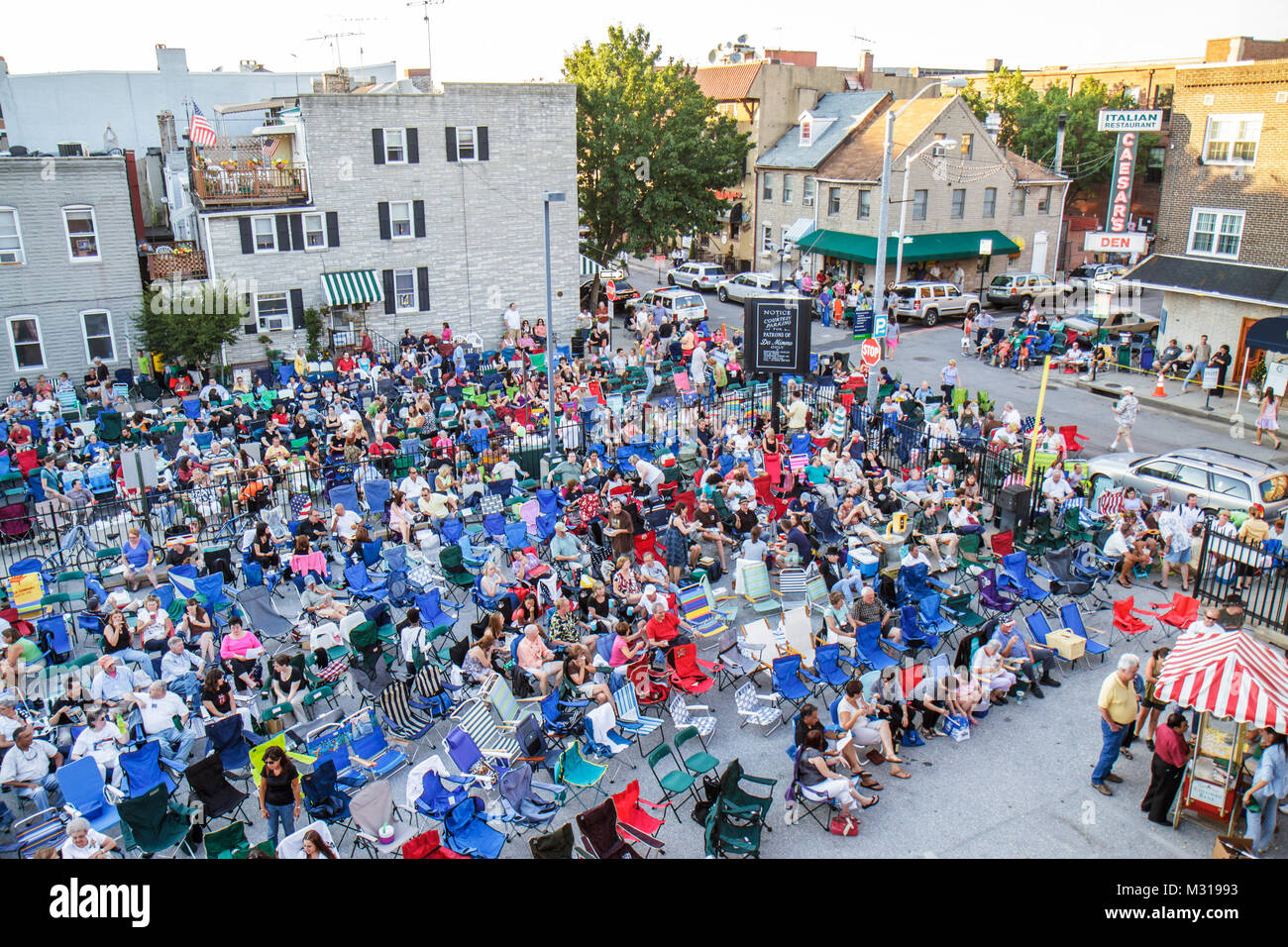 Baltimore Maryland,Little Italy neighborhood,working class,community crowd,free outdoor movie,lounge chair,MD100702119 Stock Photo