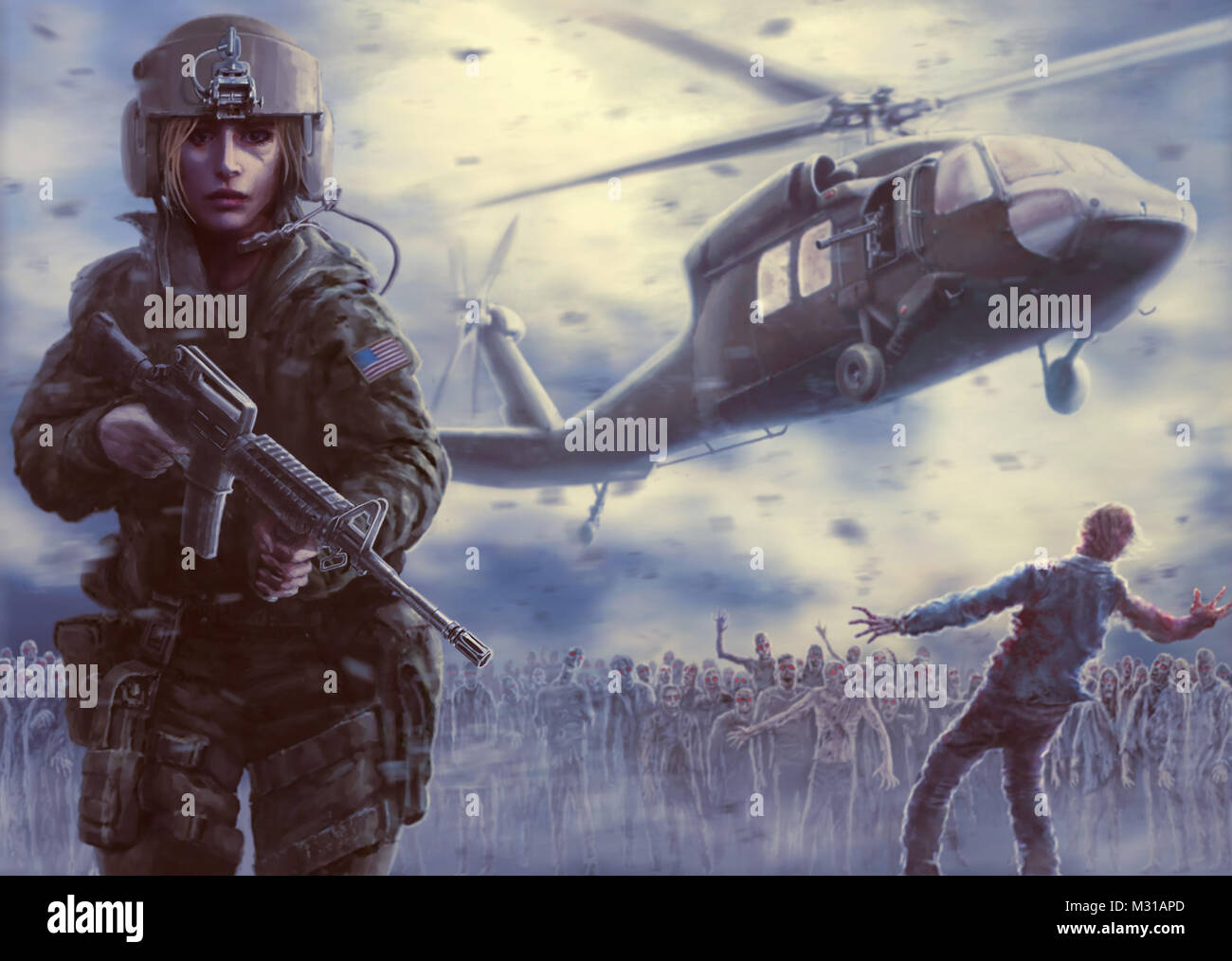 Woman pilot and zombie apocalypse. Drawing poster in the genre of