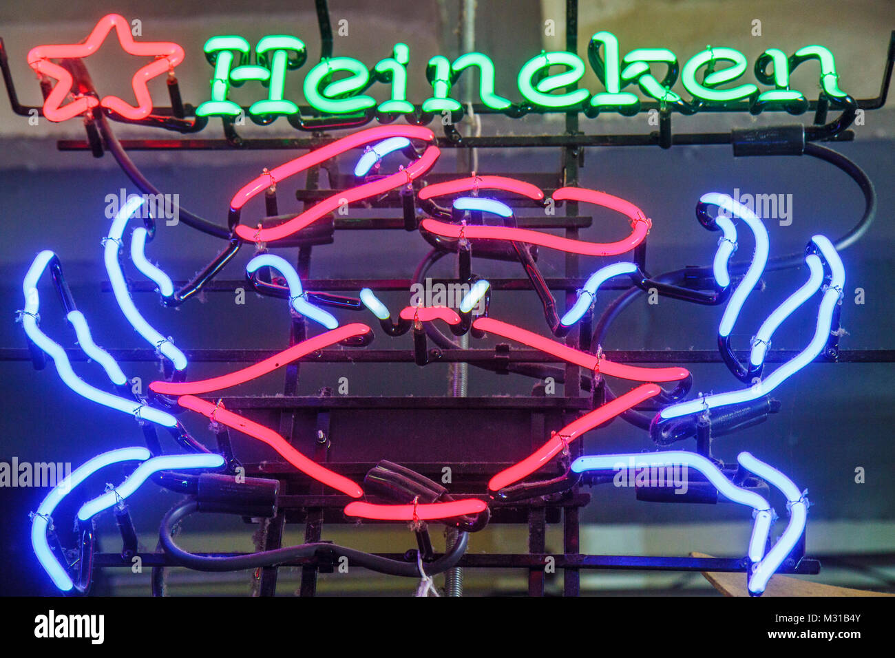 Baltimore Maryland,Federal Hill,Cross Street Market,window sign,neon,Heineken,beer,crab,MD100703051 Stock Photo