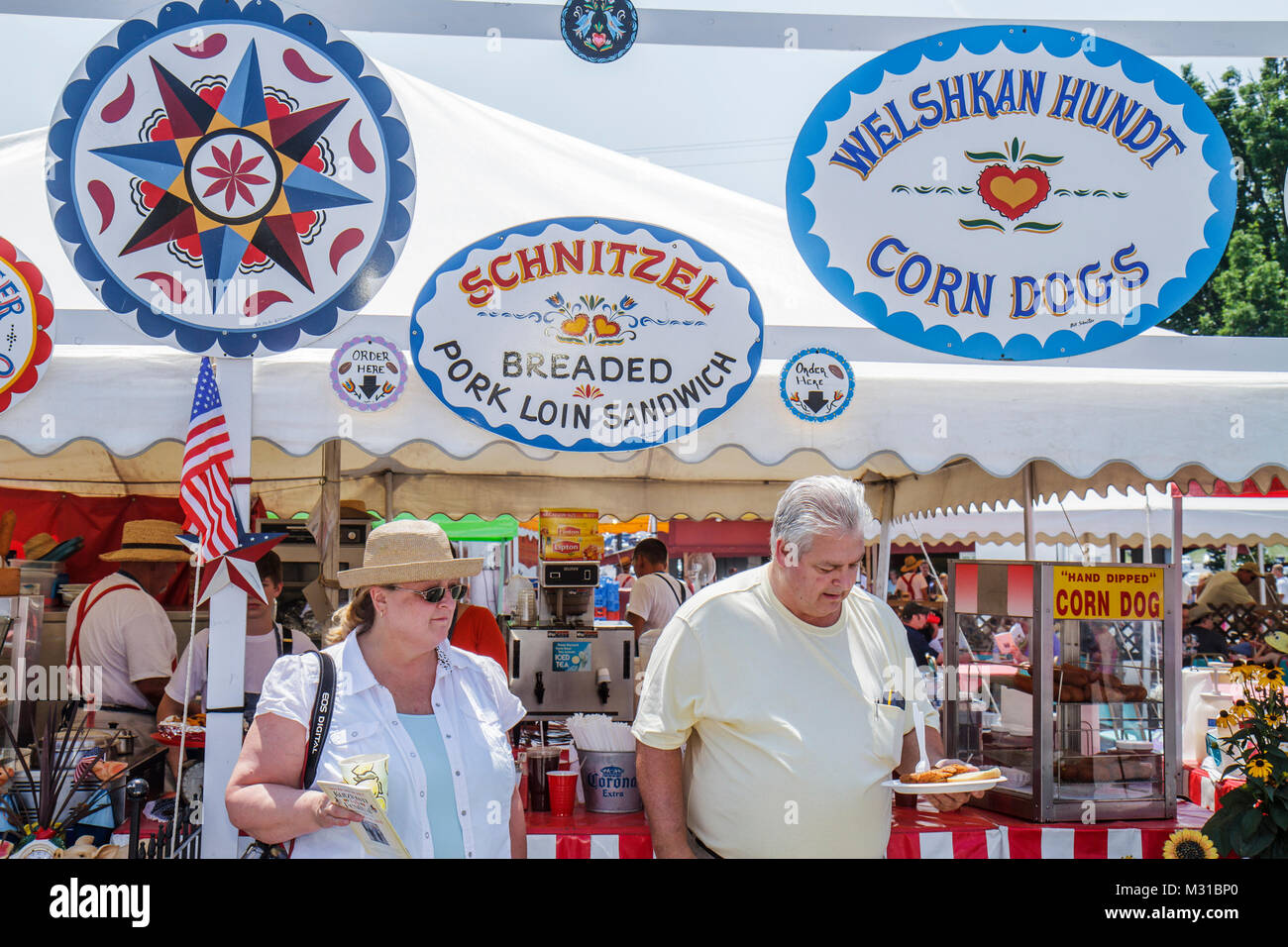 Kutztown Pennsylvania,Kutztown Folk Festival,Pennsylvania Dutch folklife,food,vendor vendors stall stalls booth market marketplace,sign,traditional co Stock Photo