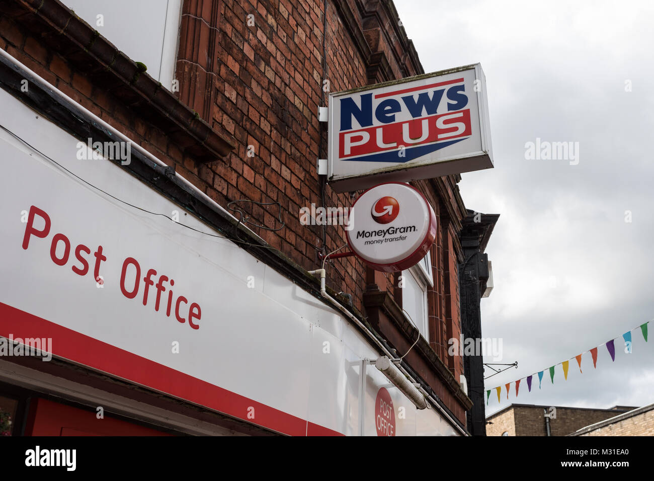 Post Office, News Plus and MoneyGram sign, Northwich, Cheshire, UK Stock Photo