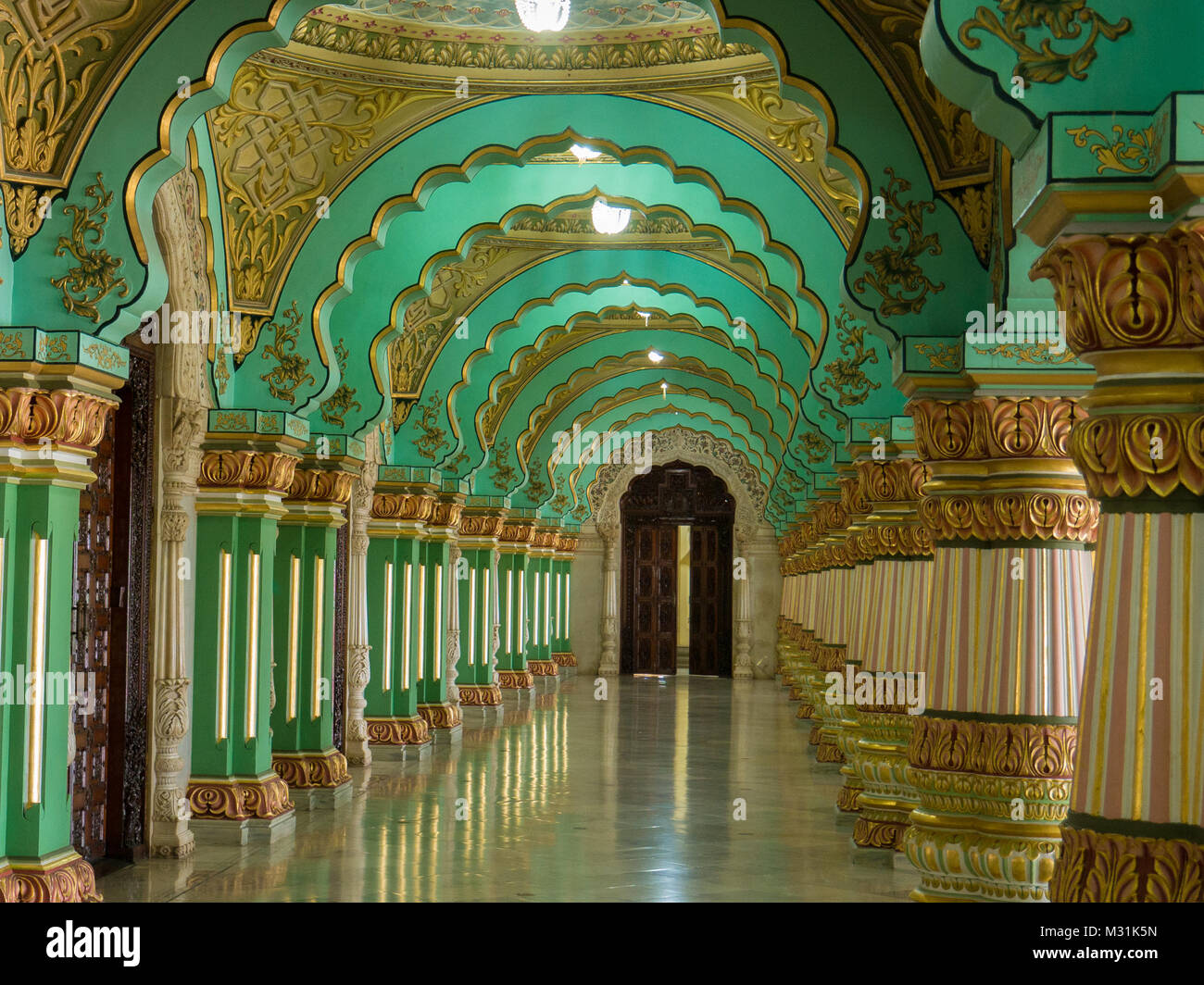 MYSORE, INDIA - January 11 2018: Colorful ornate interior halls of royal Mysore Palace, Karnataka, India Stock Photo