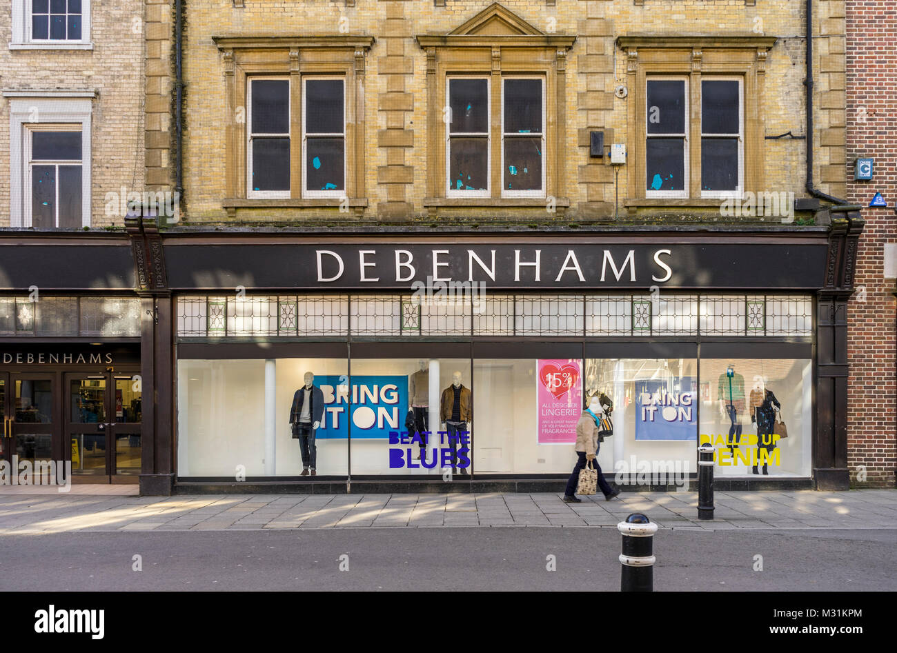 Front facade of a Debenhams department store along the High Street in Winchester February 2018, England, UK Stock Photo