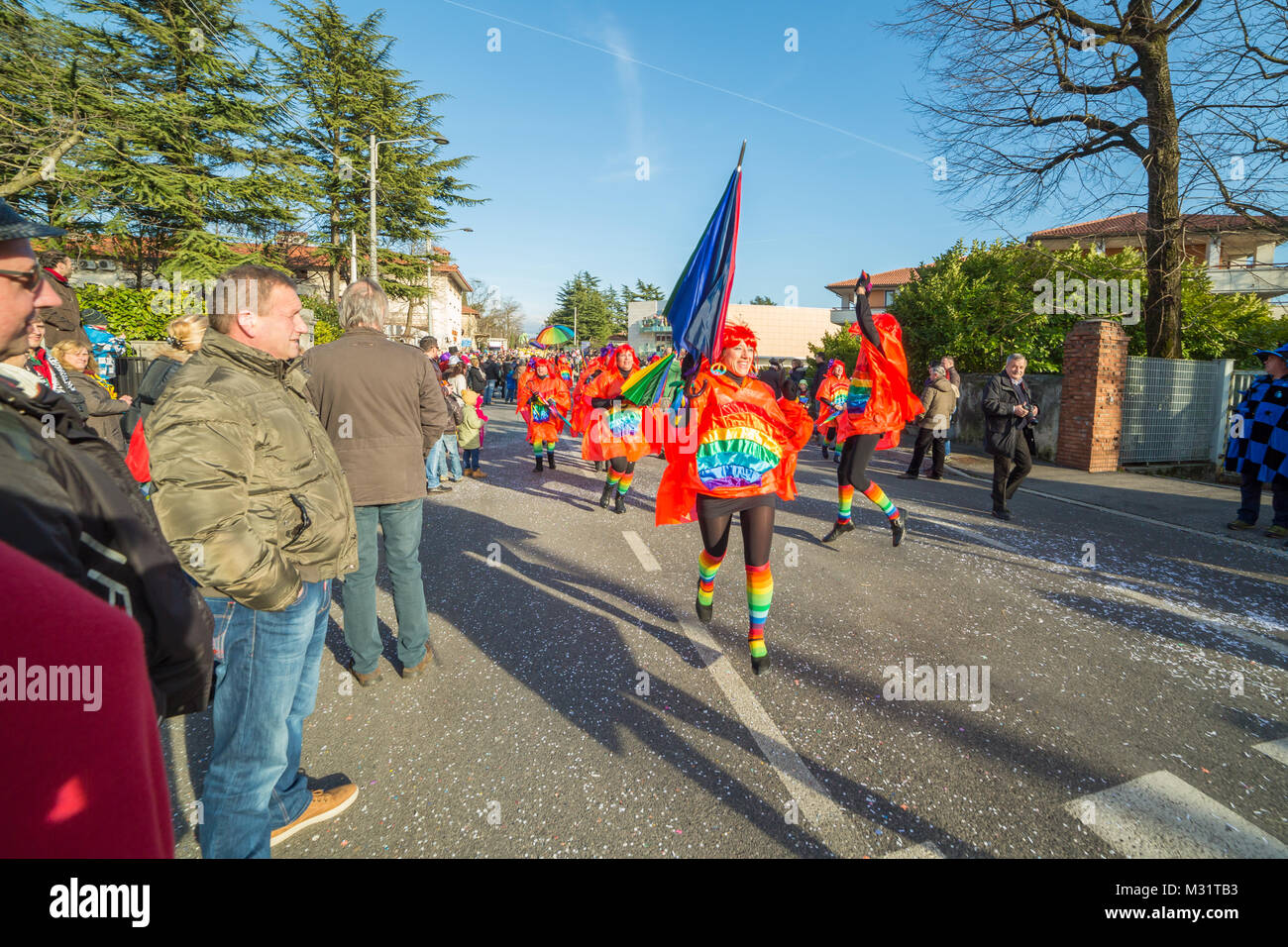 OPICINA,TRIESTE, ITALY - FEBRUARY 6: Unidentified participants in parade of the Carnival. Kraski Pust o Carnevale Carsico. The Carnival Carsico Kraski Stock Photo