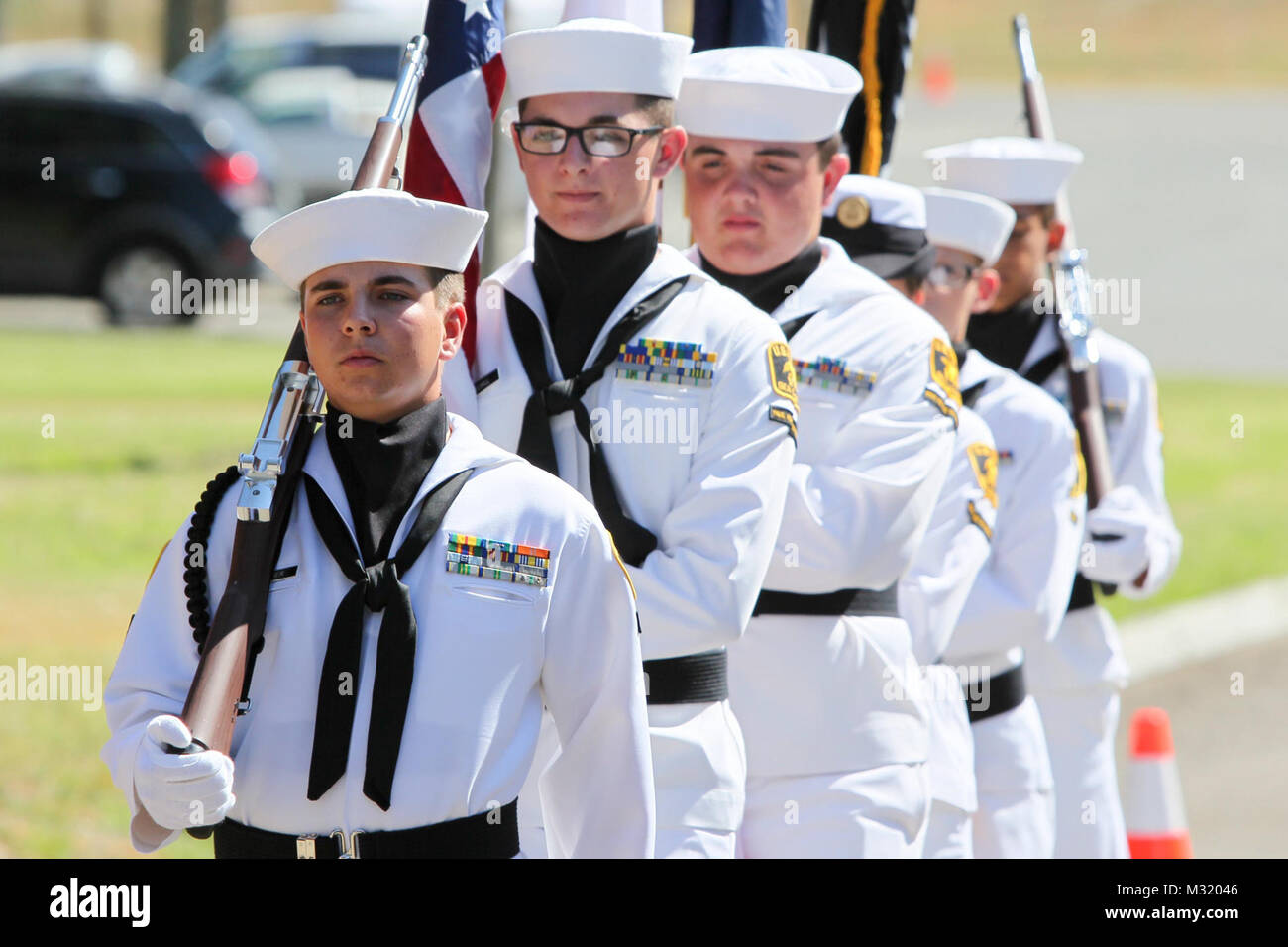 140801-N-HW977-155 NORCO, Calif. (Aug. 1, 2014) U.S. Naval Sea Cadet Corps Paul Revere Division Color Guard posts colors during Change of Command ceremony at Naval Surface Warfare Center (NSWC), Corona Division, tranferring the reins from Capt. Eric Ver Hage to Capt. (Sel) Steve Murray. In his keynote address Rear Adm. Lawrence Creevy, commander, Naval Surface Warfare Center, remarked Ver Hage's most important qualities were vision, accomplishment and leadership, presenting Ver Hage with the Legion of Merit. Creevy's list of highlights from Ver Hage's tour at NSWC Corona include establishing h Stock Photo