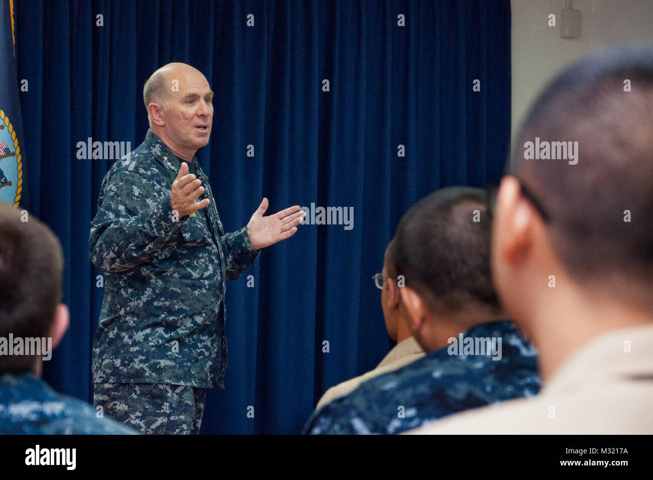 YOKOSUKA, Japan (July 22, 2013 Vice Admiral Matthew Nathan conducts an all hands call at U.S. Naval Hospital Yokosuka by NavyMedicine Stock Photo