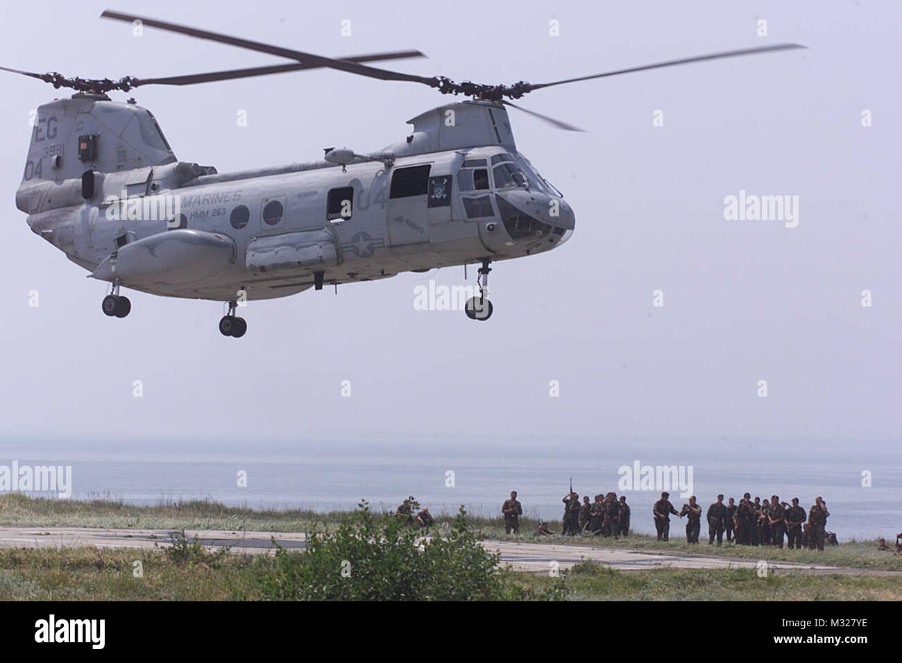 A CH46 Helicopter from HMM263 lands on LZ Falcon June 24 during a