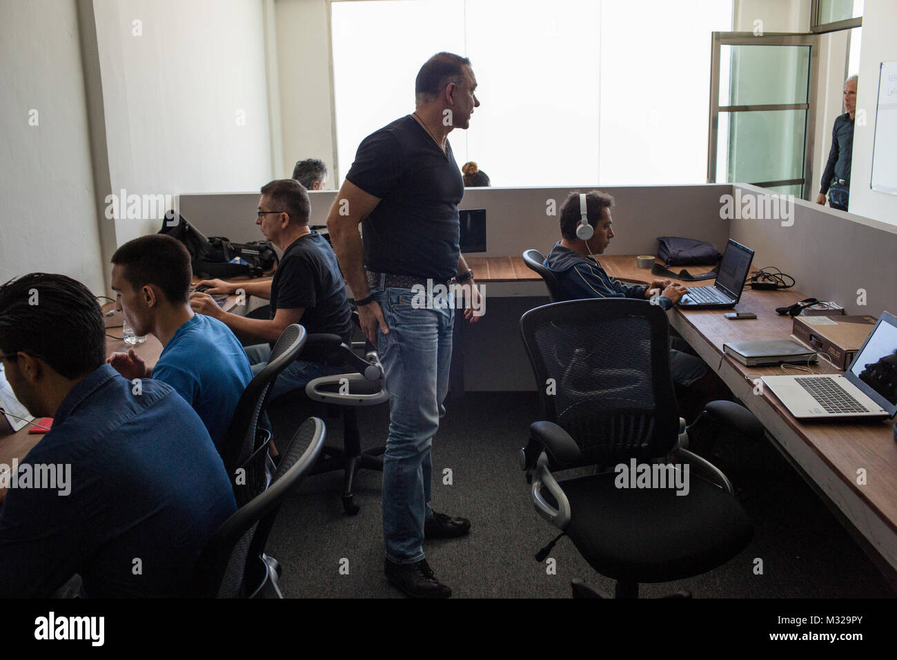 Entrepreneur Carlos Mimenza at his media company: The New Revolution News's officer in Playa del Carmen, Mexico, on July 11, 2017. Mimenza represents a group of business owners who employ security forces to protect their businesses from extortion. Stock Photo