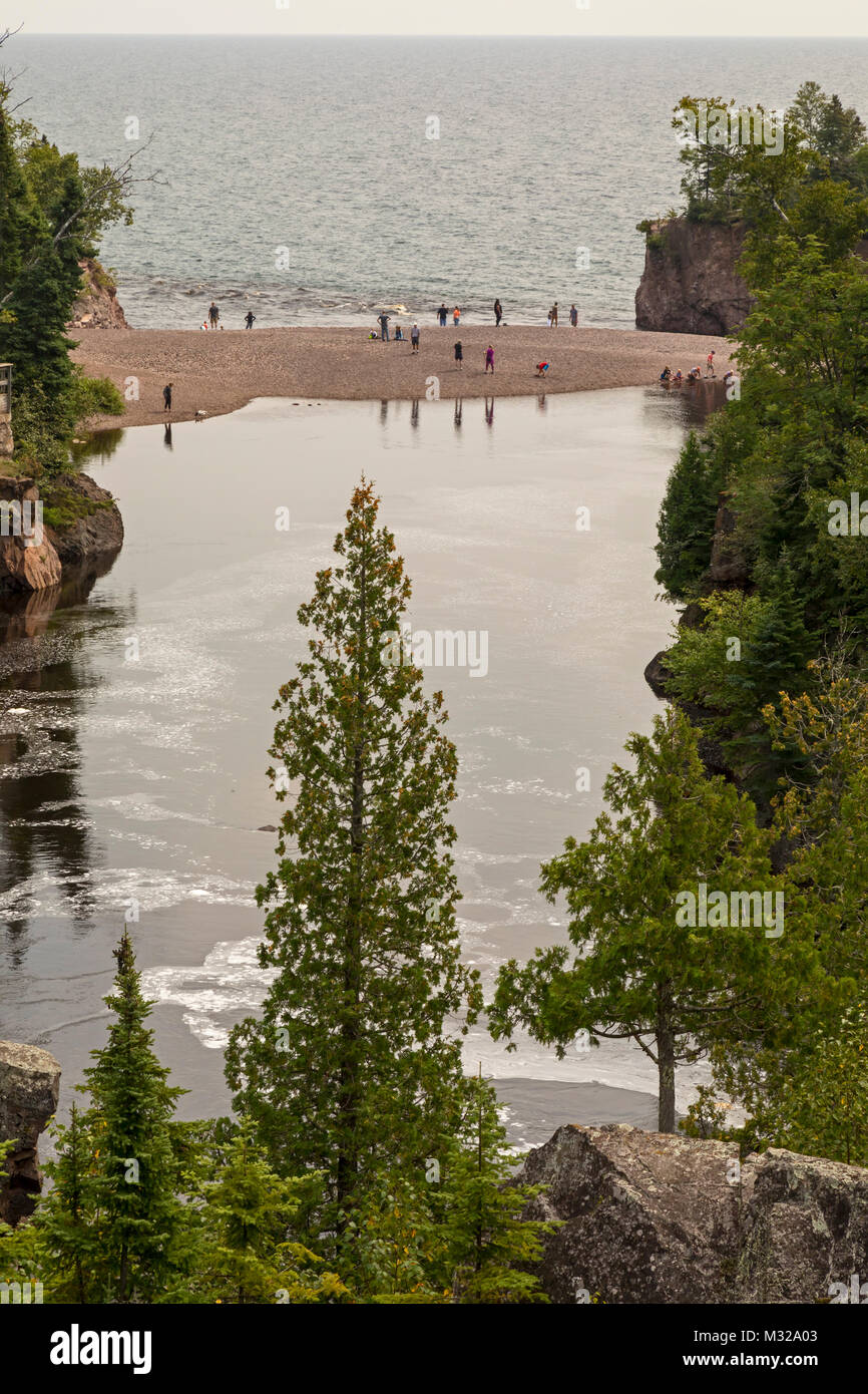 Silver Bay, Minnesota - Baptism River, where it meets Lake Superior in Tettegouche State Park. Stock Photo