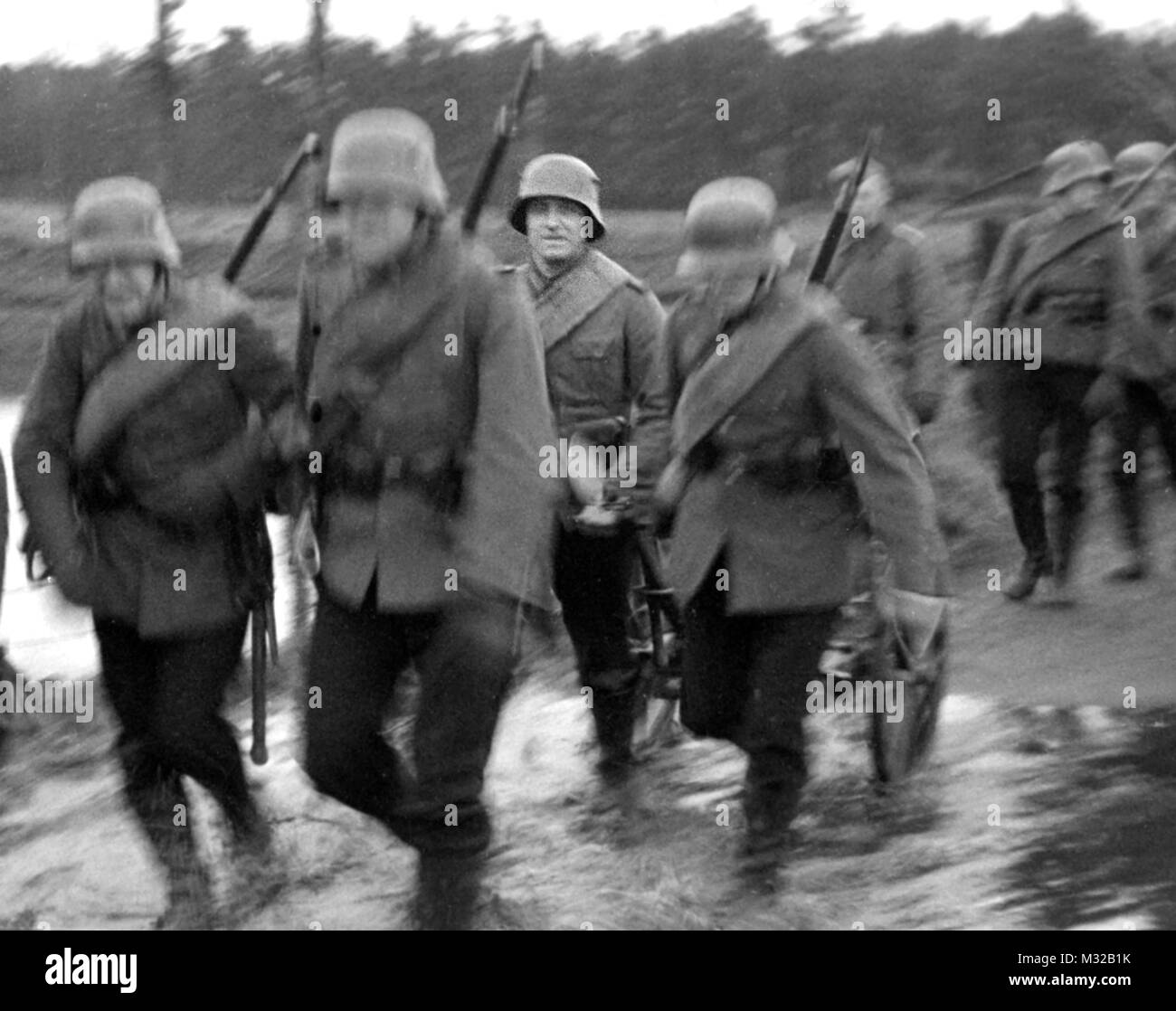 German infantry soldiers are on the march, ca. 1940. Stock Photo