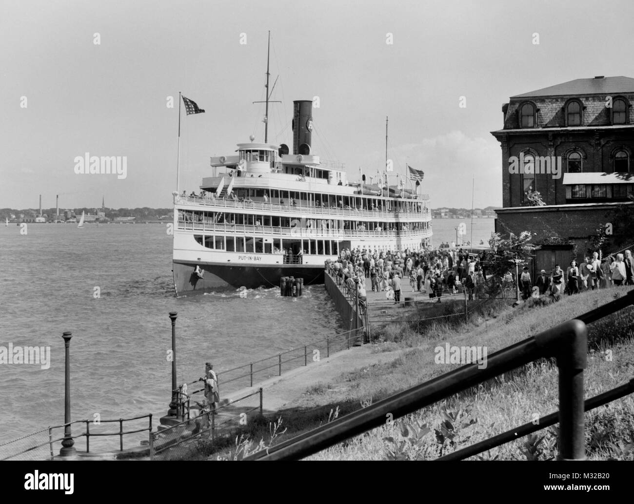 Ferry at the dock in Put-In-Bay, Ohio, ca. 1940. Stock Photo