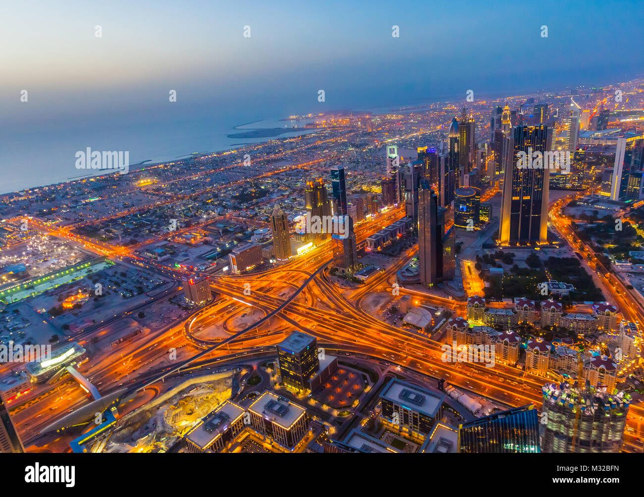 Aerial view of Downtown Dubai at the sunset Stock Photo