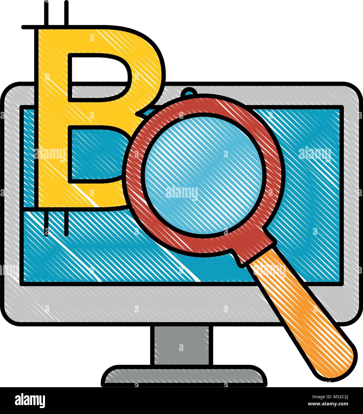 monitor computer with magnifying glass and bitcoin symbol Stock Vector ...