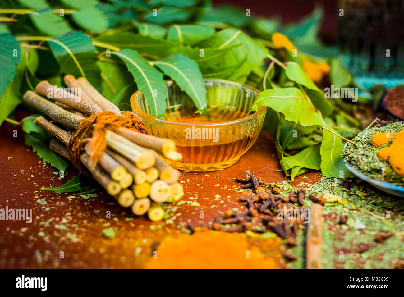 Close up of ingredients of ayurvedic treatment i.e neem,neem leaves