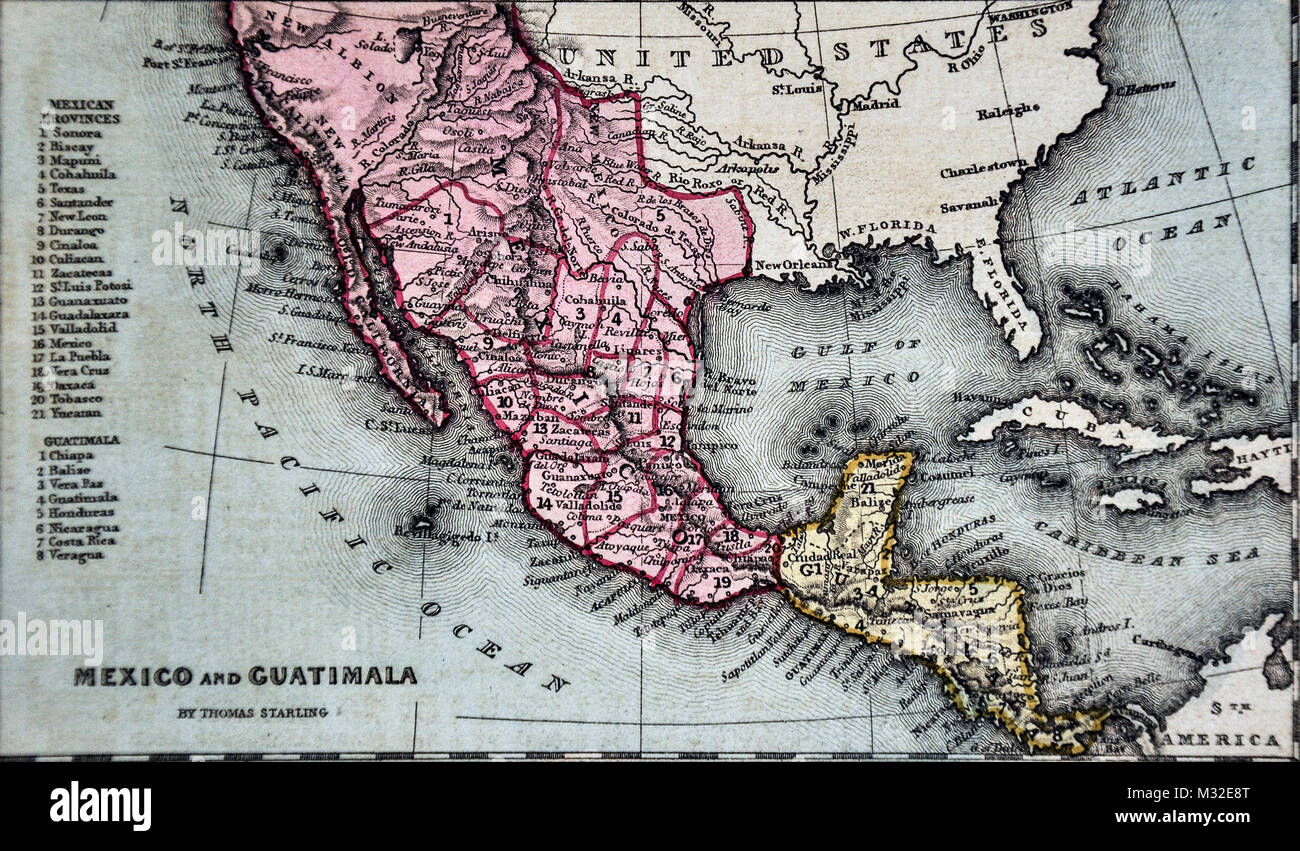 Starling 1834 Map - Mexico - New Albion California Texas Guatemala Baja Mexico City San Francisco Stock Photo