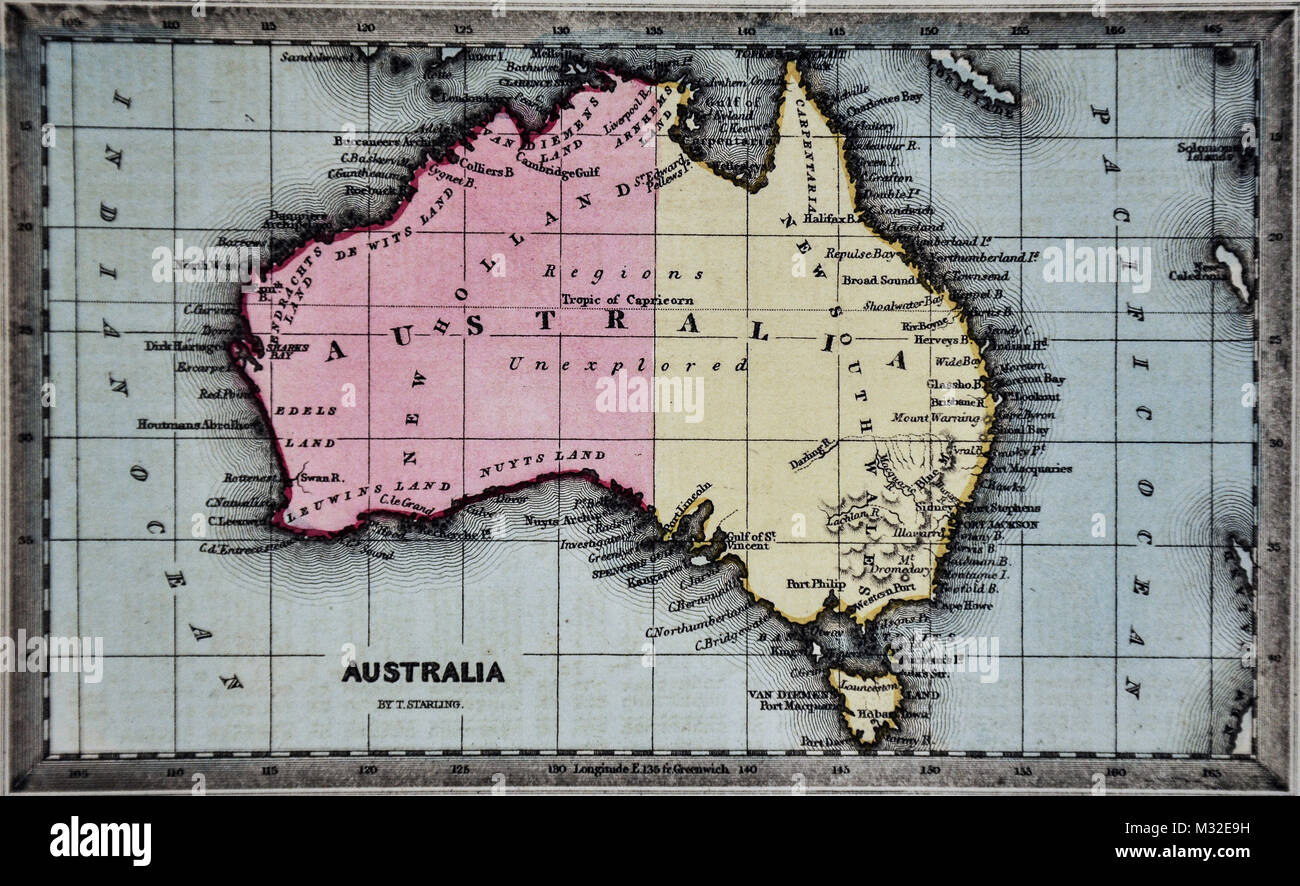 Starling 1834 Map - Australia - Sydney Port Jackson New Holland Unexplored Regions Stock Photo