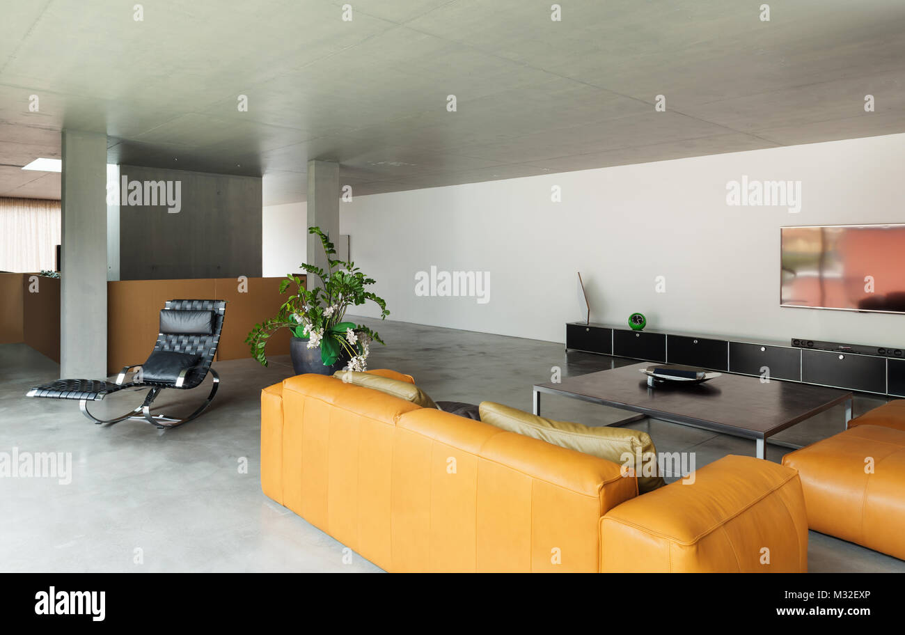 Modern living room, interior house, concrete walls Stock Photo