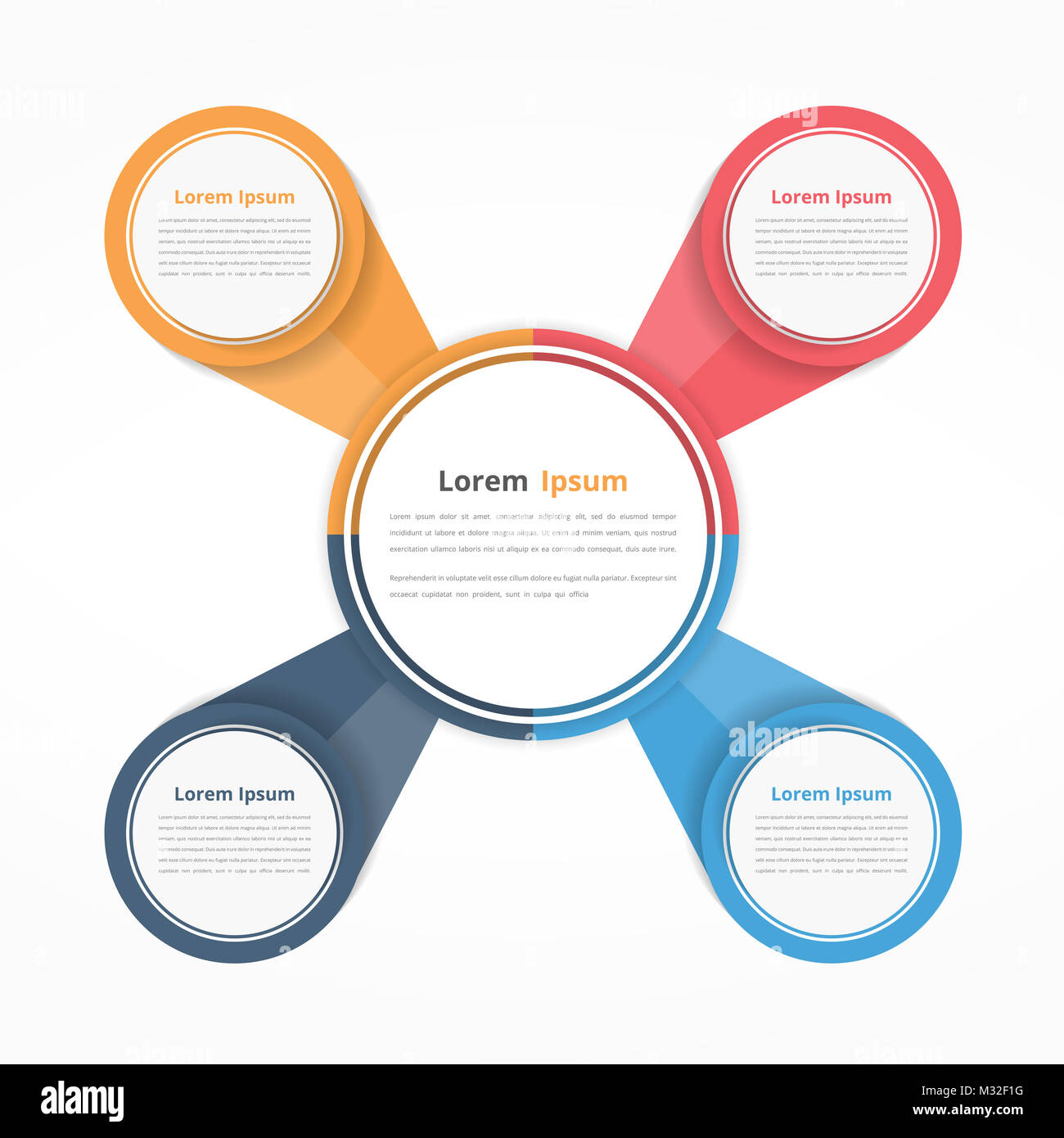 Circle diagram with four elements, steps or options, flowchart or