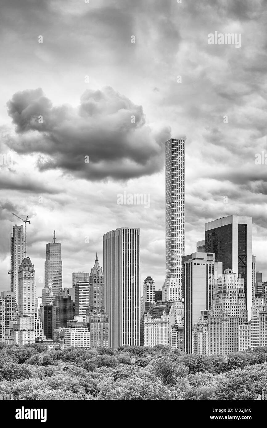 Black and white picture of stormy sky over Manhattan skyline, New York City, USA. Stock Photo