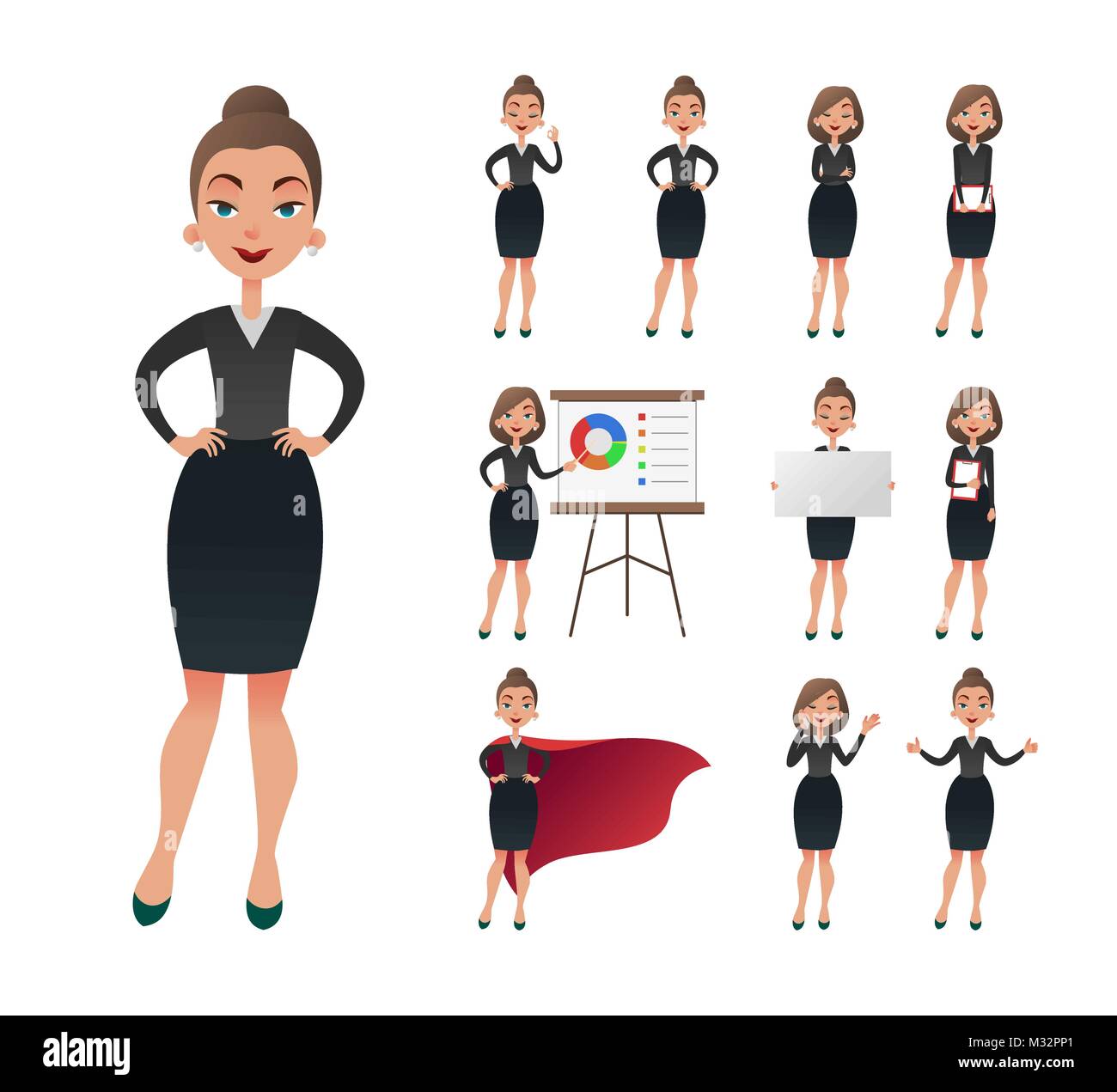 Pretty businesswoman working character set. Sucessful entrepreneur lady in office work situations. Confident young manager in the workplace. Stock Vector