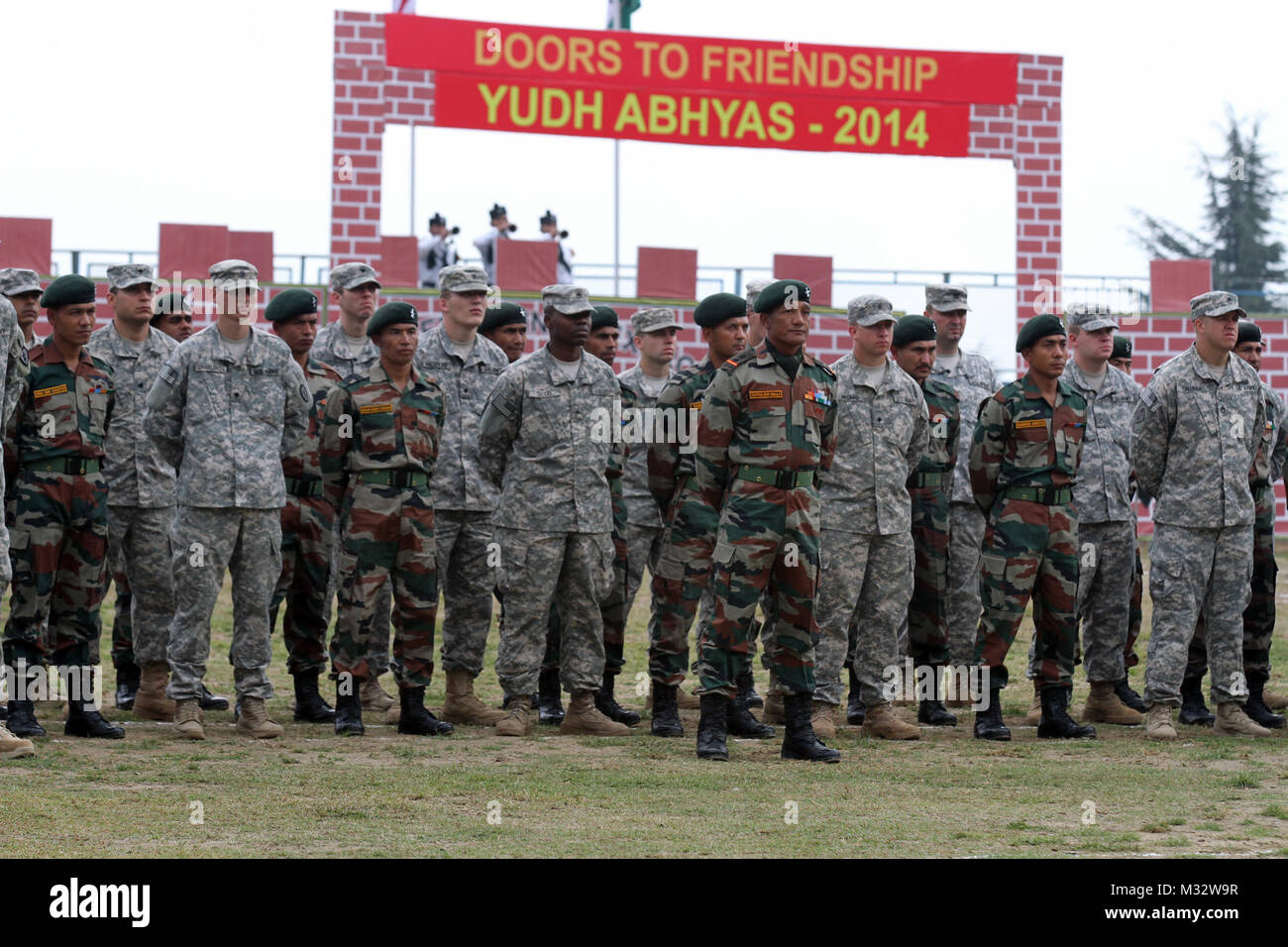 Soldiers from 1st Stryker Brigade Combat Team, 25th Infantry Division and the 2nd Battalion, 9th Ghurak Regiment of the Indian Army take part in the closing ceremonies for exercise Yudh Abhyas 14 at Chaubattia, India Sept. 30, 2014. More than 100 U.S. Soldiers participated in the exercise, which began Sept. 17 and too place at Ranikhet Cantonment, Utterakhand, India. Yudh Abhyas is an U.S. Army Pacific Command sponsored exercise and is geared toward enhancing cooperation and coordination through training and cultural exchanges and building skills and relationships necessary during a peacekeepi Stock Photo