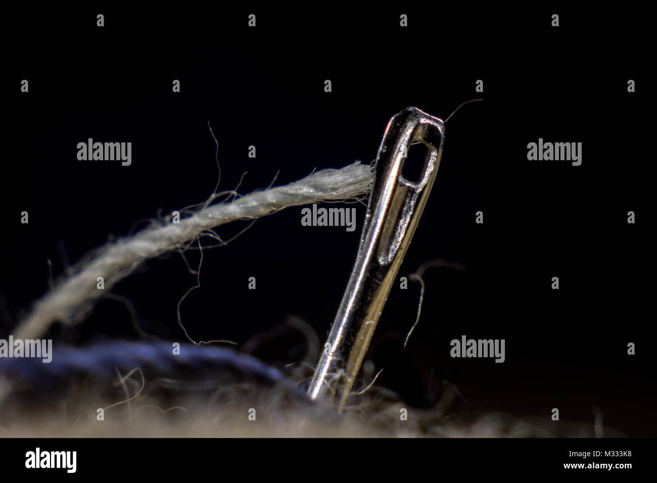The ear of a sewing needle with a thread. The thread is threaded