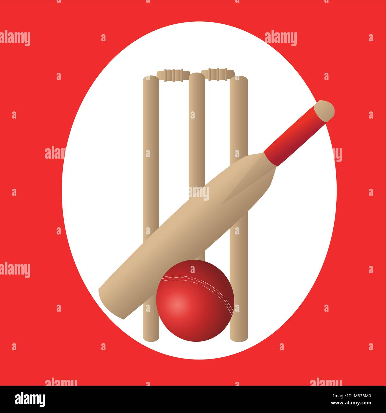cricket set with bat ball and wickets and red oval background Stock Vector