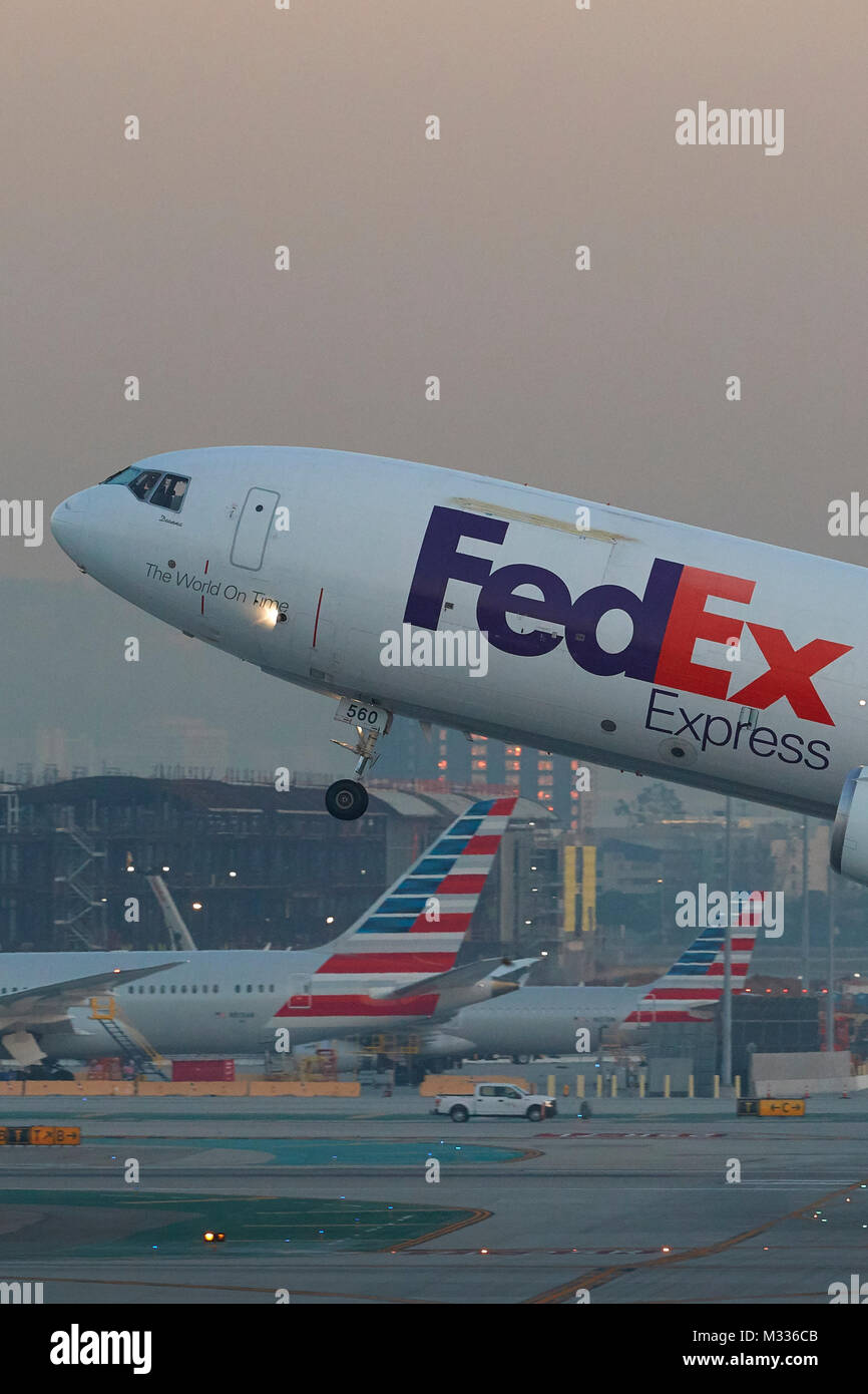 FedEx Express DC-10 Cargo Jet Plane Taking Off From Los Angeles International Airport, California, USA. Stock Photo