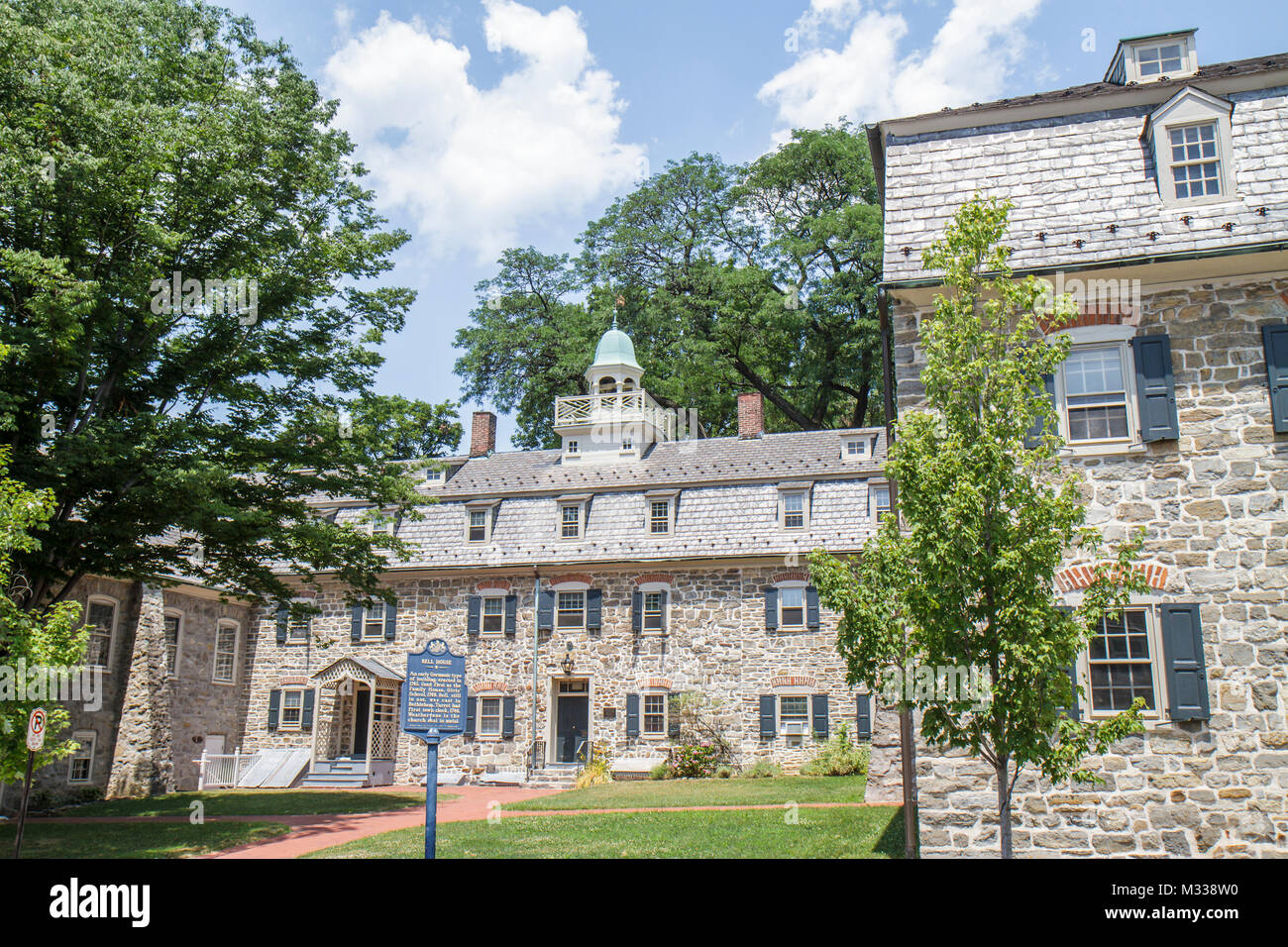 Bethlehem Pennsylvania,Colonial America,Moravian community,religious settlement,Bell House,building,stone,architecture marker,roof dormers,turret,PA10 Stock Photo