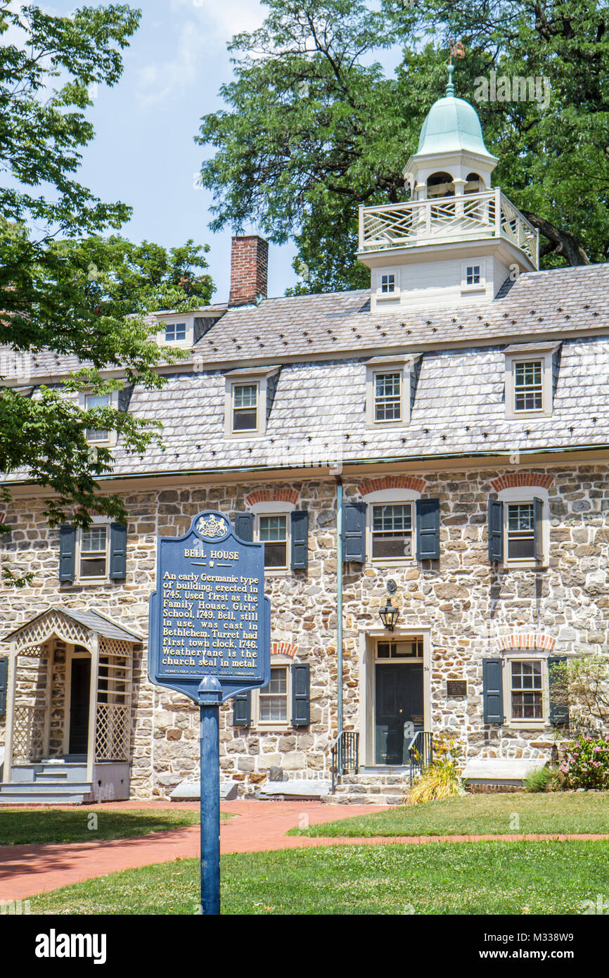 Pennsylvania Bethlehem Moravian community religious settlement,Bell House,building stone historical marker roof dormers turret, Stock Photo