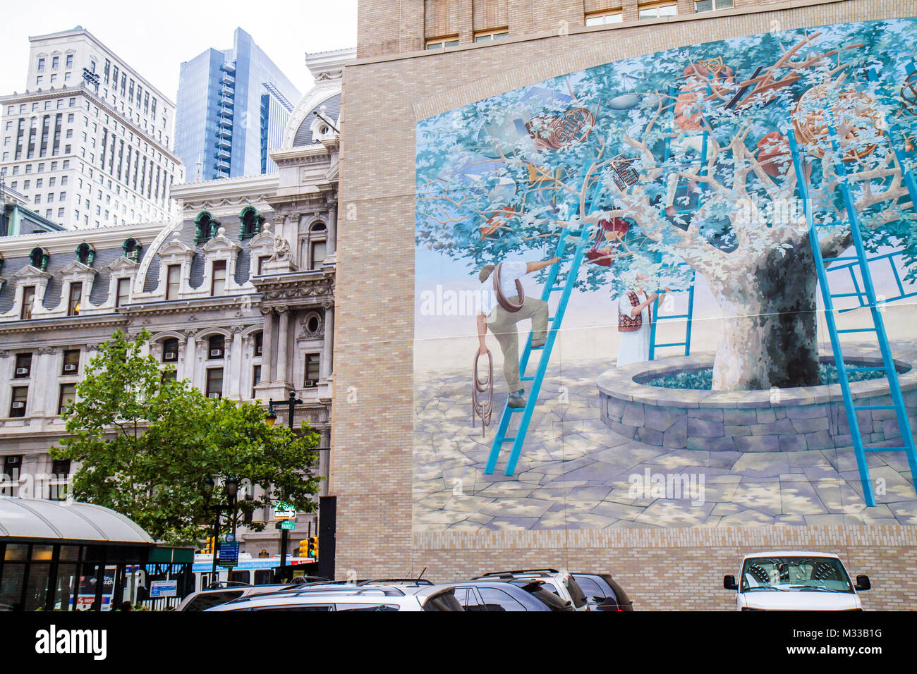 Philadelphia Pennsylvania,Market Street,City of Murals,Penn Square,Mural Arts Program,Tree of Knowledge,mural,painting,building,public art artwork,par Stock Photo