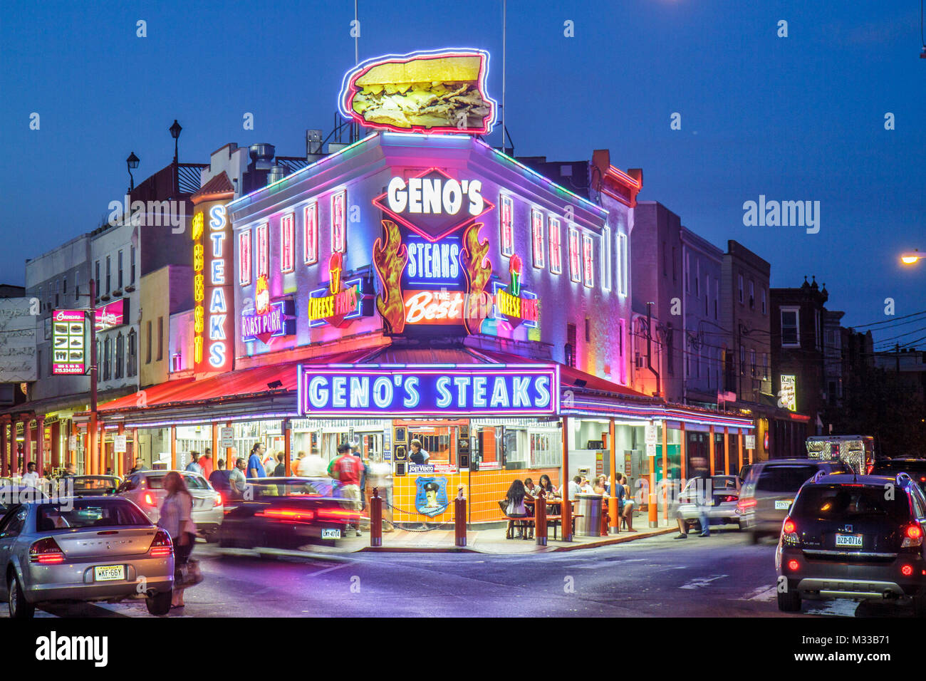 Philadelphia Pennsylvania,South Philly,South 9th Street,Geno's,restaurant restaurants food dining cafe cafes,sandwich shop,Philly cheesesteak,feud,tra Stock Photo