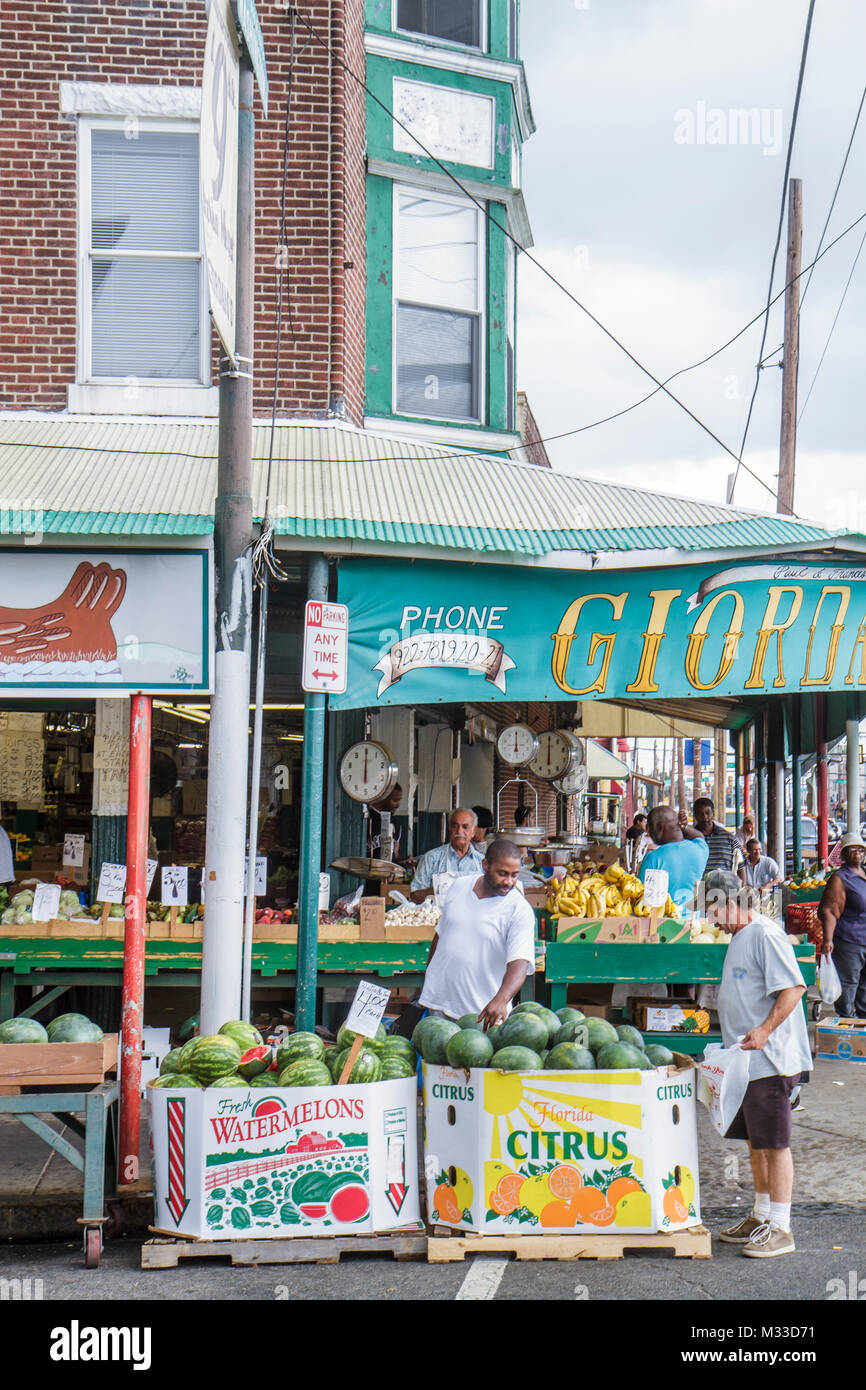Philadelphia Pennsylvania,South Philly,South 9th Street,Italian Market,ethnic,immigrant,neighborhood,market,Giordano's,fruit,produce,street,sidewalk,B Stock Photo
