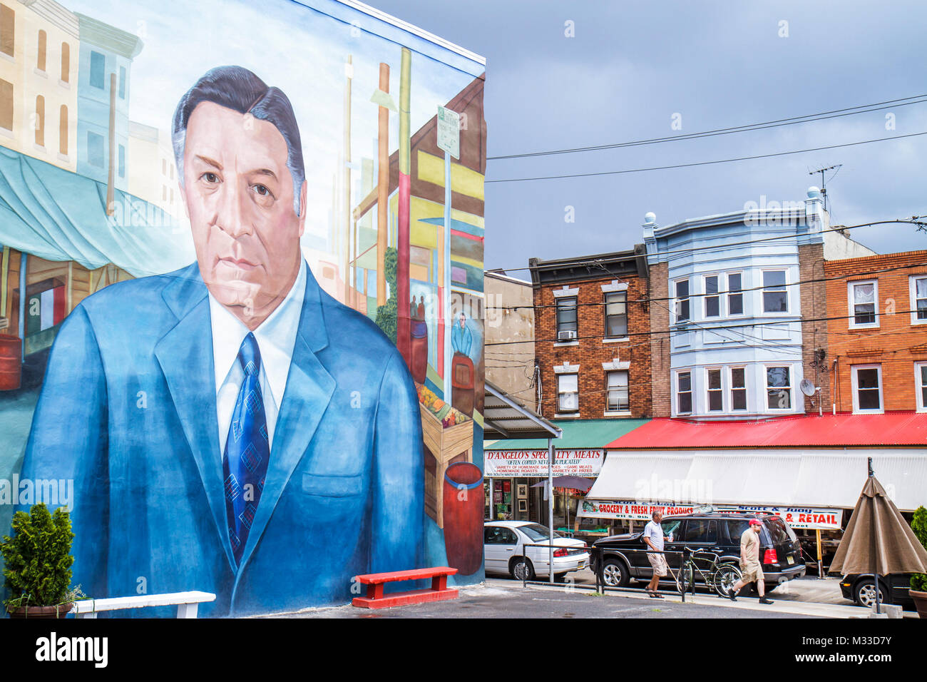 Philadelphia Pennsylvania,South Philly,South 9th Street,Little Italy,Italian Market,public art,mural,immigrant,neighborhood,Mayor Frank Rizzo,prominen Stock Photo