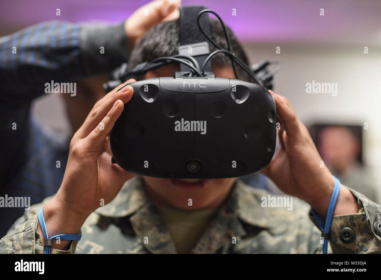 A 366th Training Squadron electrical systems apprentice course student at Sheppard Air Force Base, Texas, puts on a virtual reality headset Jan. 26, 2018, at Sheppard AFB. The digital design team at Sheppard hosted their first technology demonstration for students to give the Airmen the opportunity to experience and see what could be a future training tool, and for the digital design team to make adjustments to better help the Airmen in training. (U.S. Air Force Stock Photo