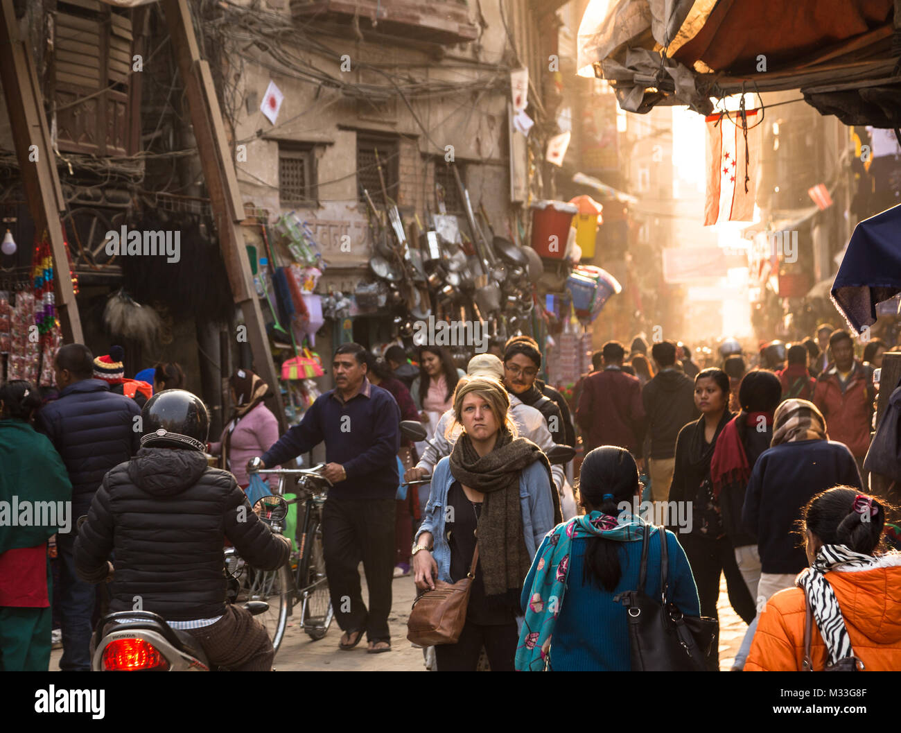Kathmandu, Nepal December 12017 Female tourist walking in the very
