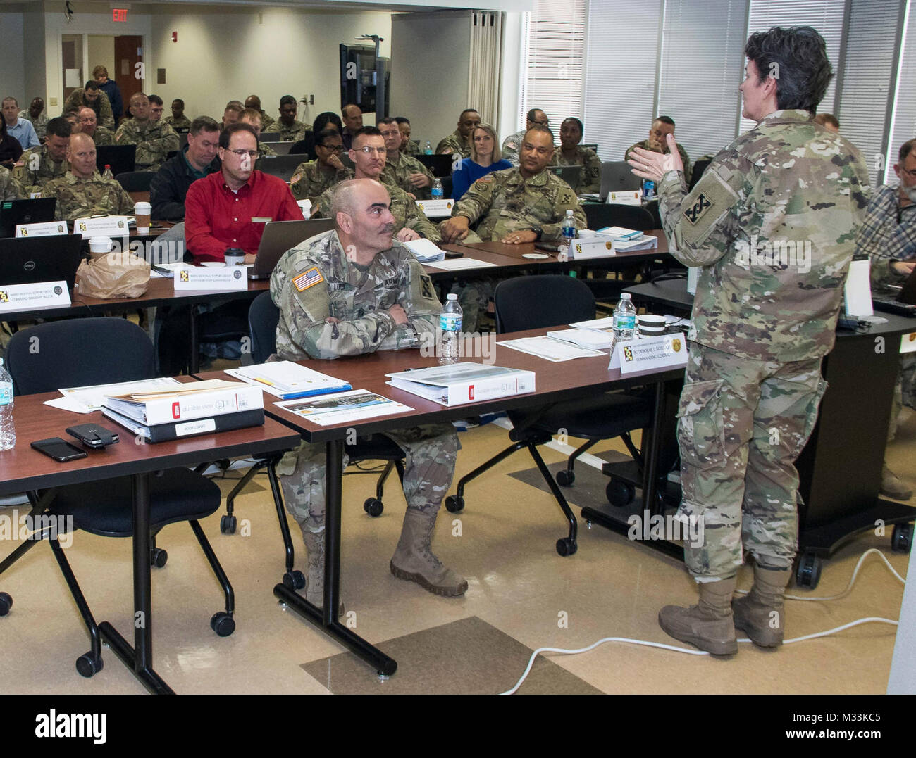 Senior leaders from companies, battalions and brigades aligned under the143d Sustainment Command (Expeditionary) listen to closing remarks given by U.S. Army Brig. Gen. Deborah L. Kotulich, commanding general, 143d ESC, during a Mission Training Brief conducted Feb. 3, 2018, in Orlando, Fla. Kotulich reminded her fellow leaders that they must drive individual and collective readiness by issuing clear guidance that generates shared understanding among their superiors and subordinates. (U.S. Army Stock Photo