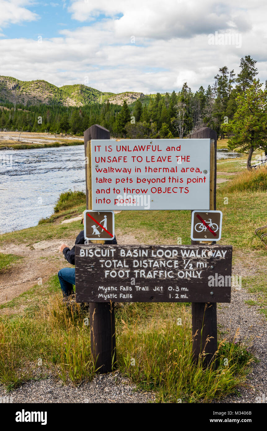 Warning and information sign in the Biscuit Basin area. Yellowstone