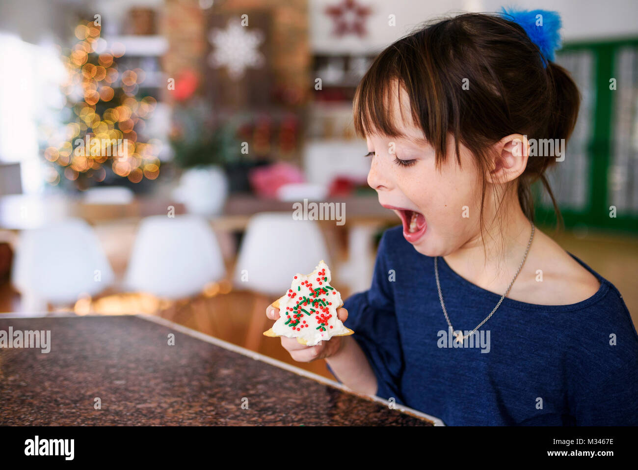 Girl about to eat a Christmas cookie Stock Photo