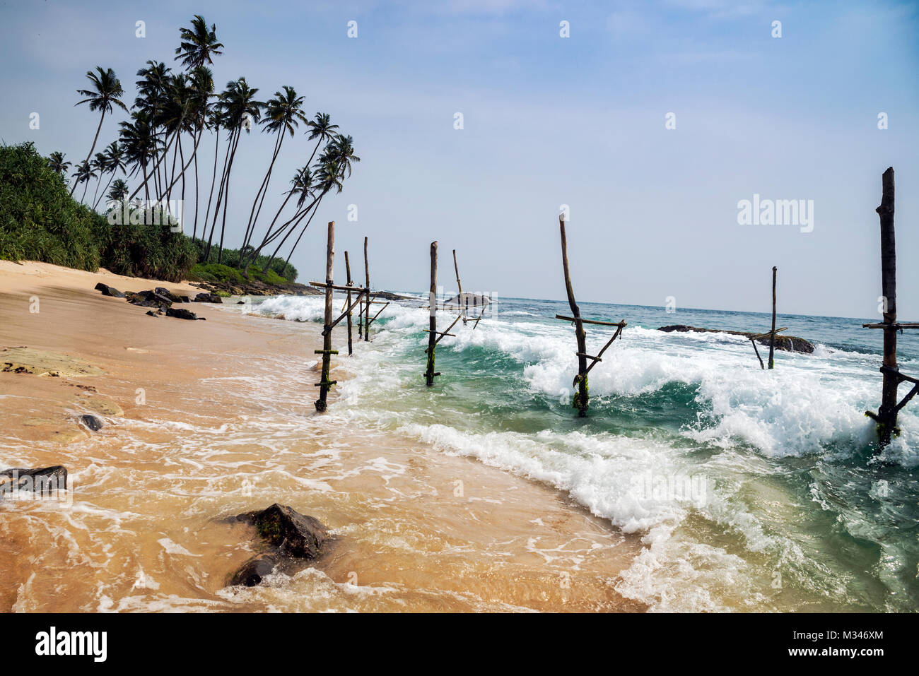 Fishing poles, Koggala beach, Galle, Sri Lanka Stock Photo