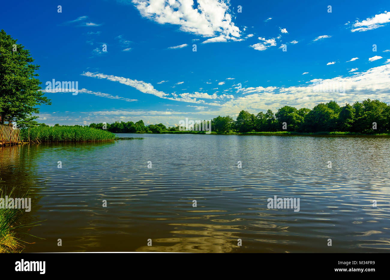 Wide angle lake landscape with trees, forest and clouds in the ...