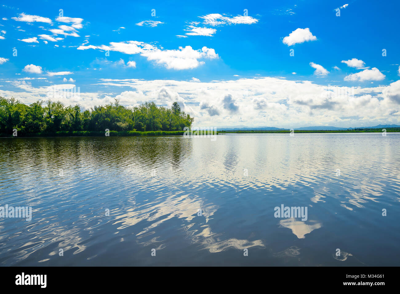 Wide angle lake landscape with trees, forest and clouds in the ...