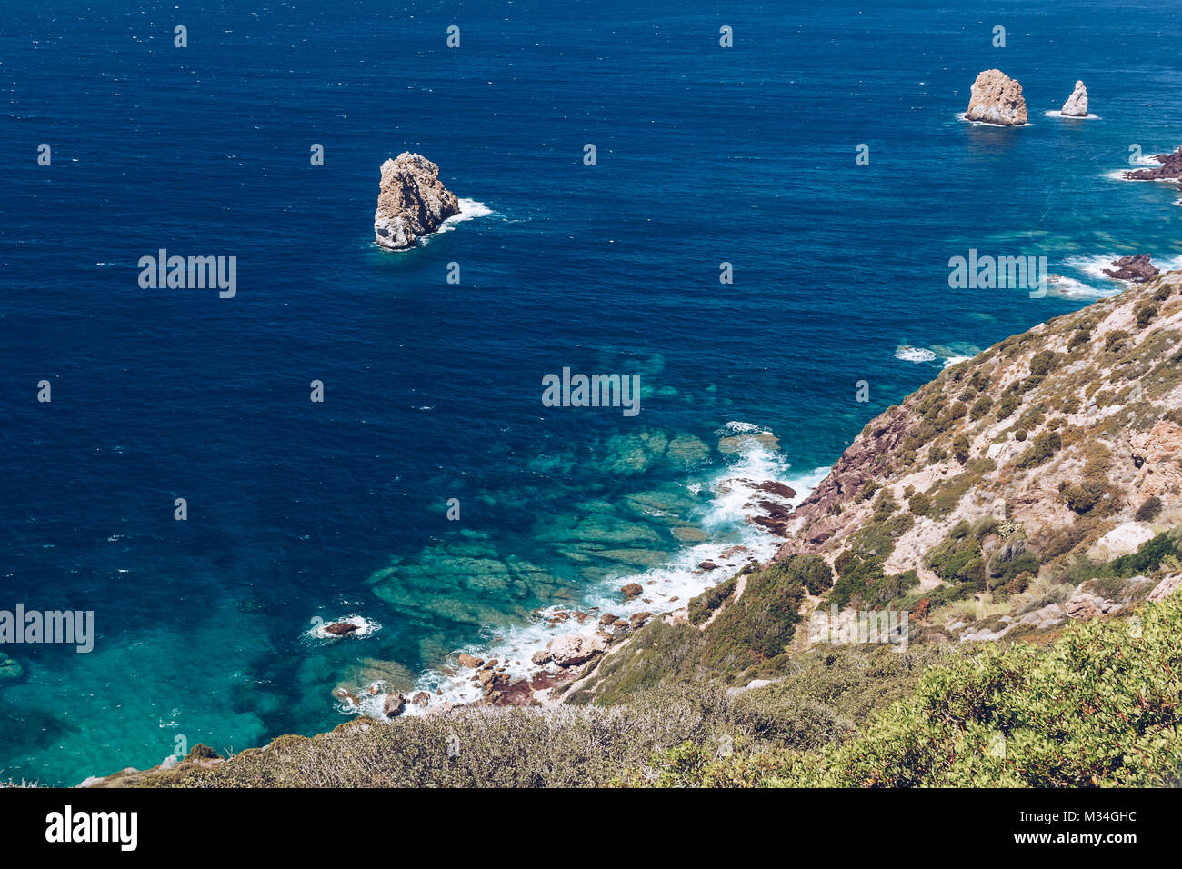 Landscape with sea views of Masua and Pan di Zucchero at the west coast of Sardinia. Italy. Stock Photo