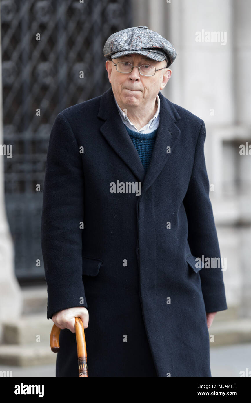 London, UK. 8th February 2018. Class War founder and veteran anarchist, Ian Bone arrives at the High Court in London. The Qatari royal owners of the Shard, via Management Company Teighmore Limited, sought a high court injunction to prevent protests against empty housing led by veteran anarchist founder and leader Ian Bone, 70, of the campaign group newspaper Class War, Credit: Vickie Flores/Alamy Live News Stock Photo